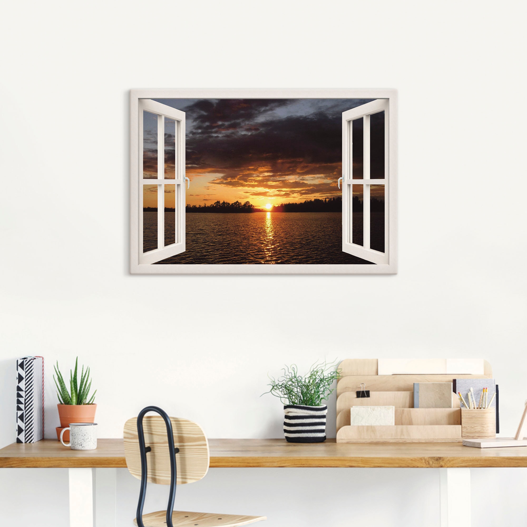 Artland Leinwandbild »Sonnenuntergang am See, weißes Fenster«, Seebilder, (1 St.), auf Keilrahmen gespannt