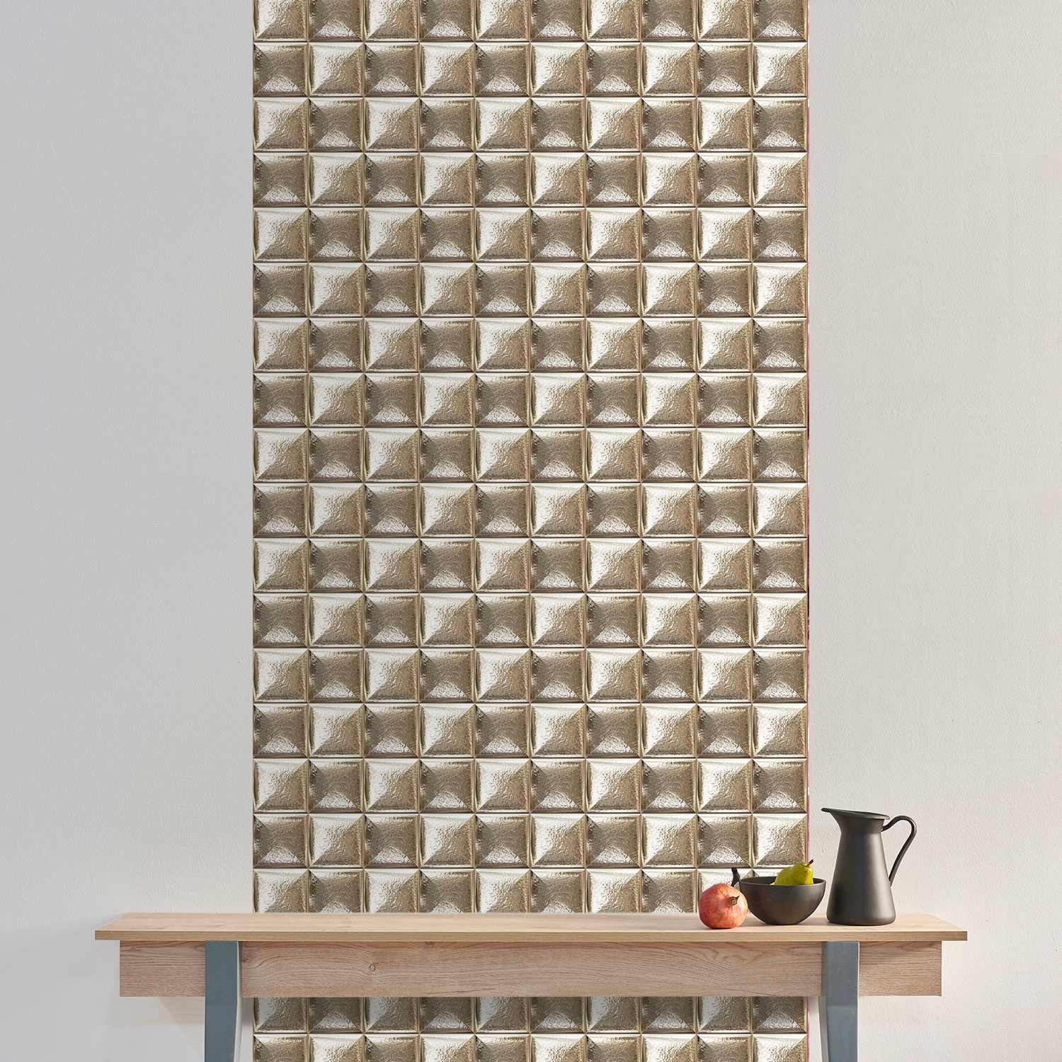 queence Vinyltapete »Golden Tiles«, bedruckt-clean-unifarben-minimalistisch-Abriebeffekte-Steinoptik, 90x250cm, selbstklebend, kinderleichte Anbringung, Sticker