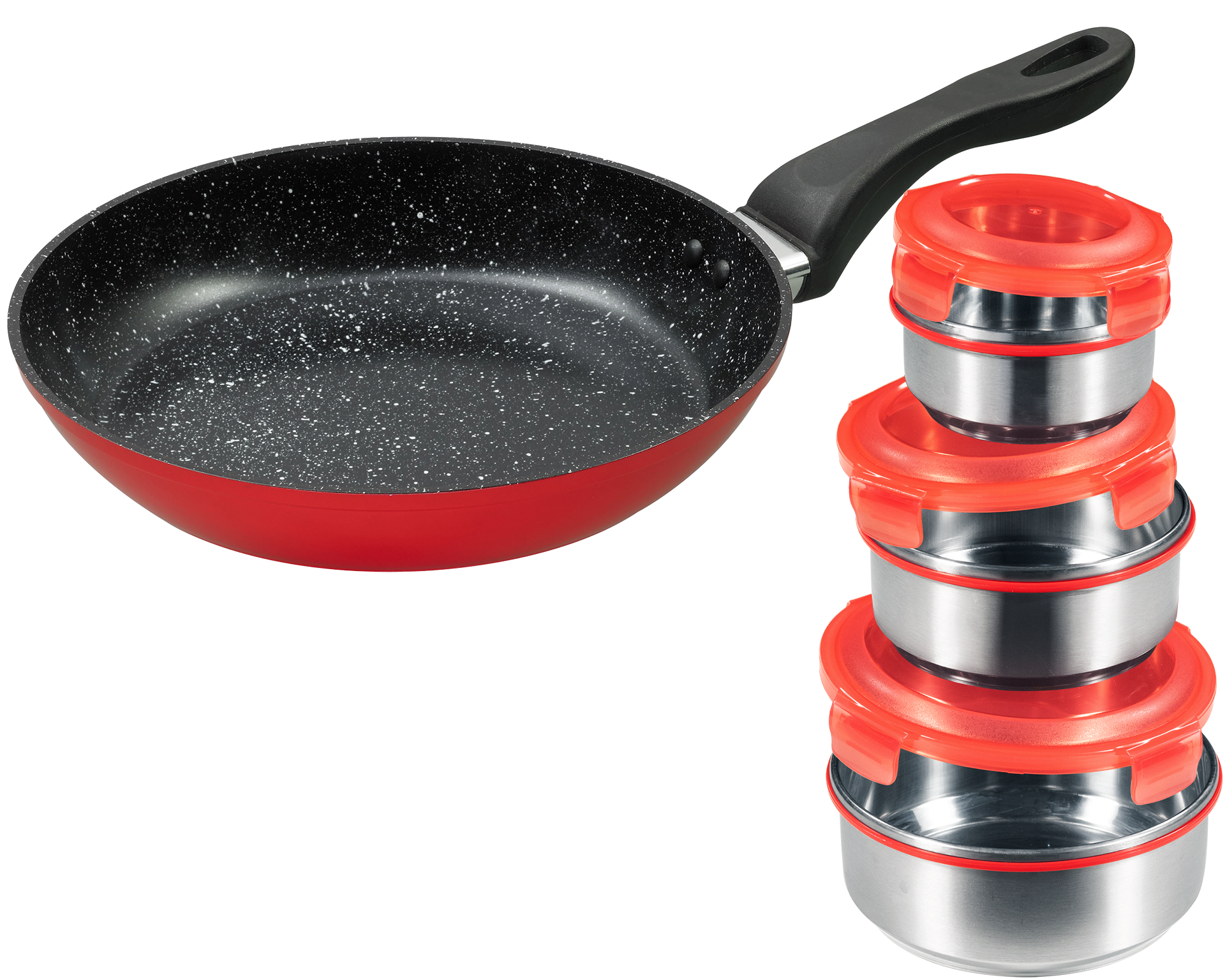 KING Bratpfanne Aluminium Set, 1 Pfanne, 3 Vorratsdosen, 3 Deckel, 7 Stk. tlg. Ø 28 cm, formstabiler Thermoboden, Induktion, Keramikbeschichtung rot 0