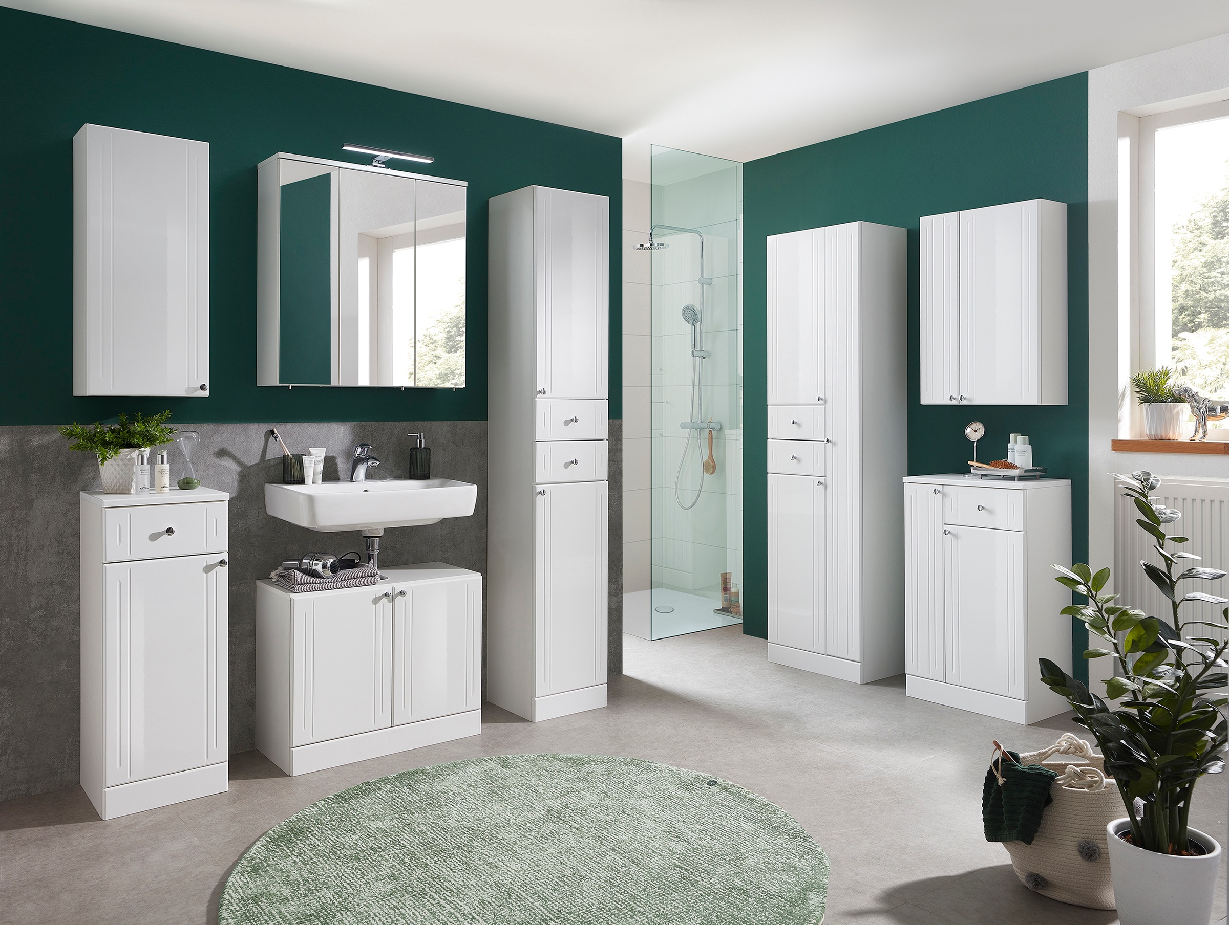 Saphir Badmöbel-Set »Quickset 955 5-teilig, Waschbeckenunterschrank und LED-Spiegelschrank«, (Set, 5 St.), in Weiß Hochglanz, Badmöbel ohne Waschbecken, 9 Türen, 3 Schubladen