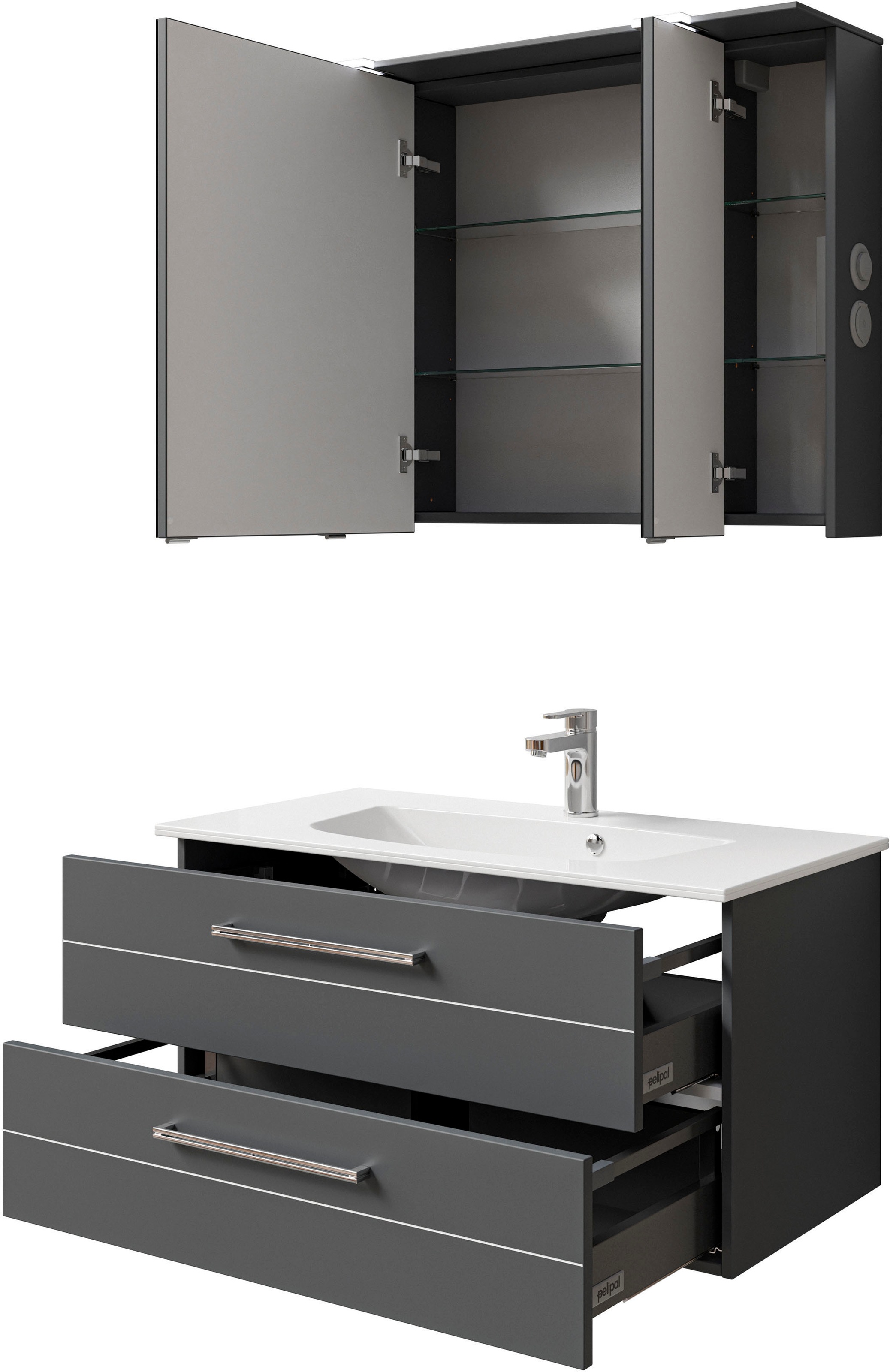 Saphir Badmöbel-Set »Serie 6025 2-teilig Mineralmarmor-Waschtisch mit LED-Spiegelschrank«, (2 St.), Waschplatz 97 cm breit, 2 Schubladen, 3 Spiegel-Türen, inkl Türdämpfer