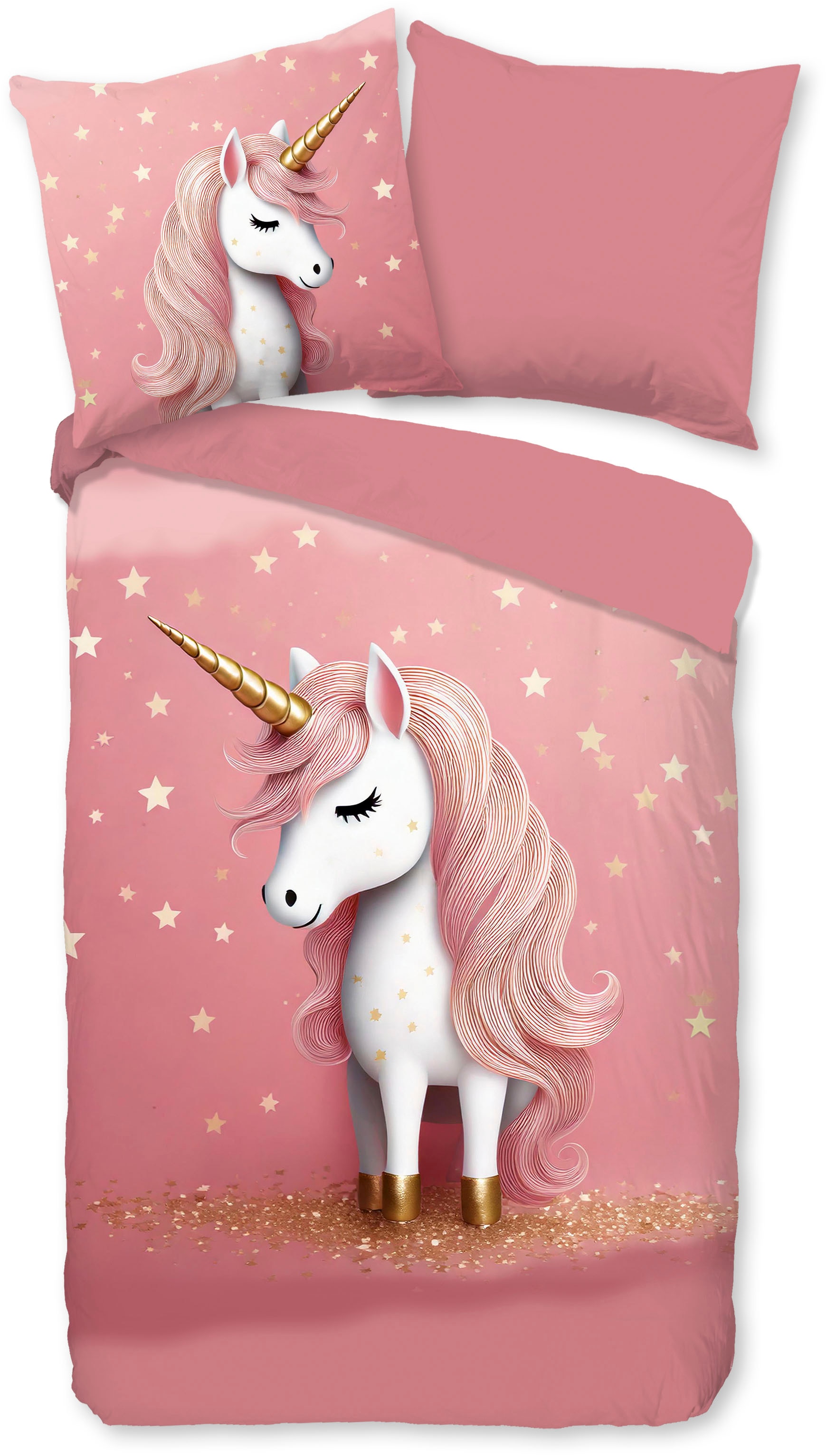 PURE luxury collection Kinderbettwäsche »Sparkles« 2 Mikrofaser, 135x200, 2 Teilig, Wendeoptik, Mädchen, Einhorn, Rosa