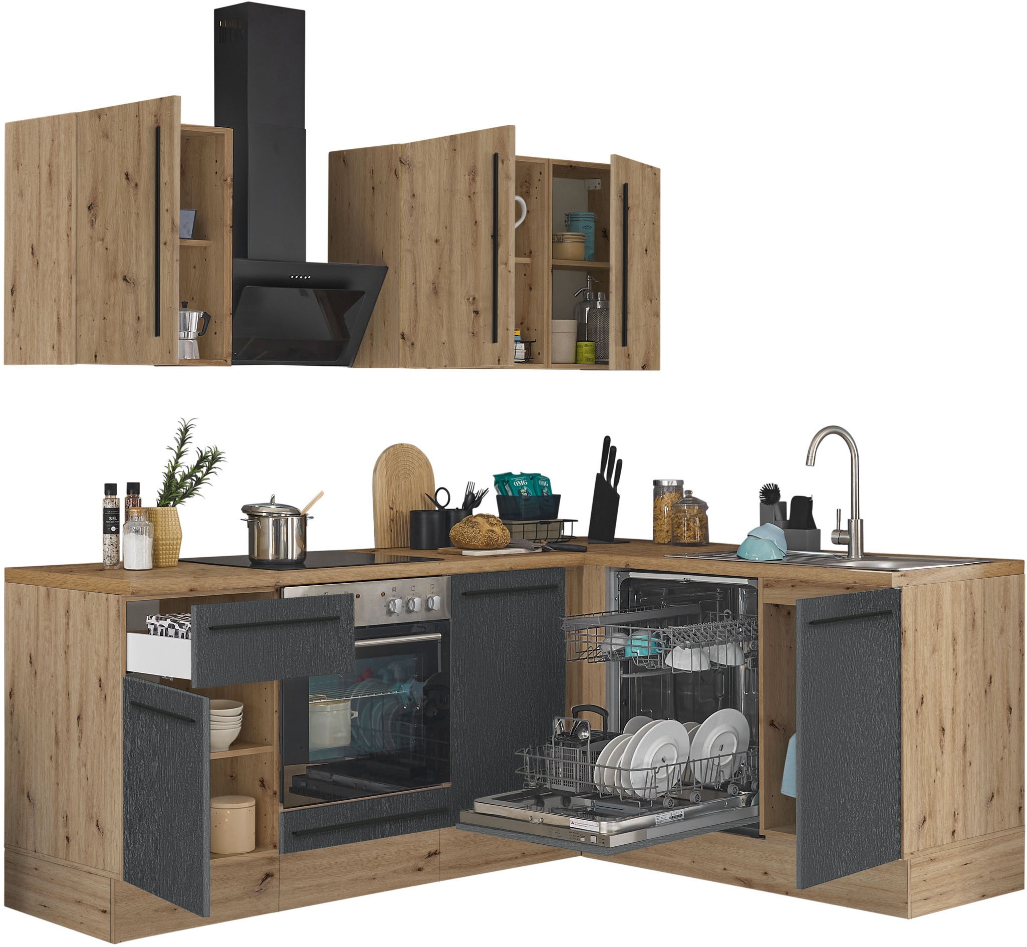 KOCHSTATION Winkelküche »Florida, Stellbreite 220x175 cm«, wahlweise mit E-Geräten, mit Softclose für Türen und Schubkästen