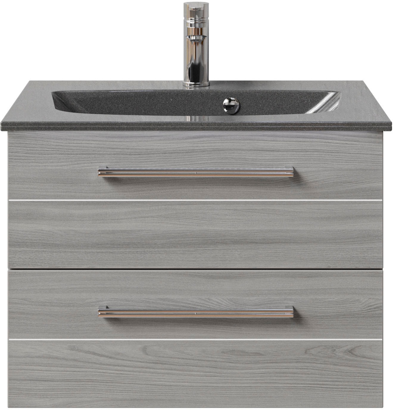 Saphir Badmöbel-Set »Serie 6025 2-teilig Mineralmarmor-Waschtisch mit LED-Spiegelschrank«, (2 St.), Waschplatz 67 cm breit, 2 Schubladen, 2 Spiegel-Türen, inkl Türdämpfer