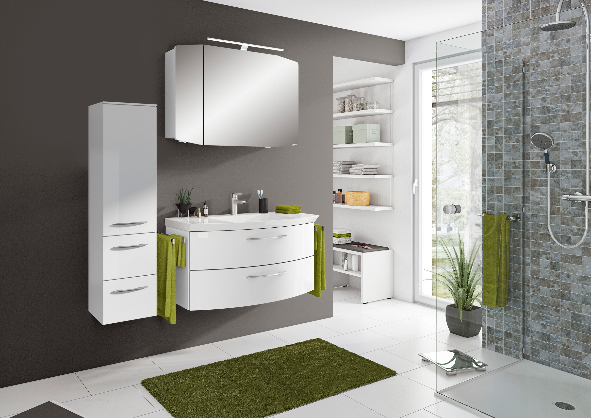 Saphir Badmöbel-Set »Cassca Sprint 3-teilig Mineralmarmor-Waschtisch mit LED-Spiegelschrank«, (4 St.), Midischrank, inkl. Türdämpfer, 4 Türen, 4 Schubladen