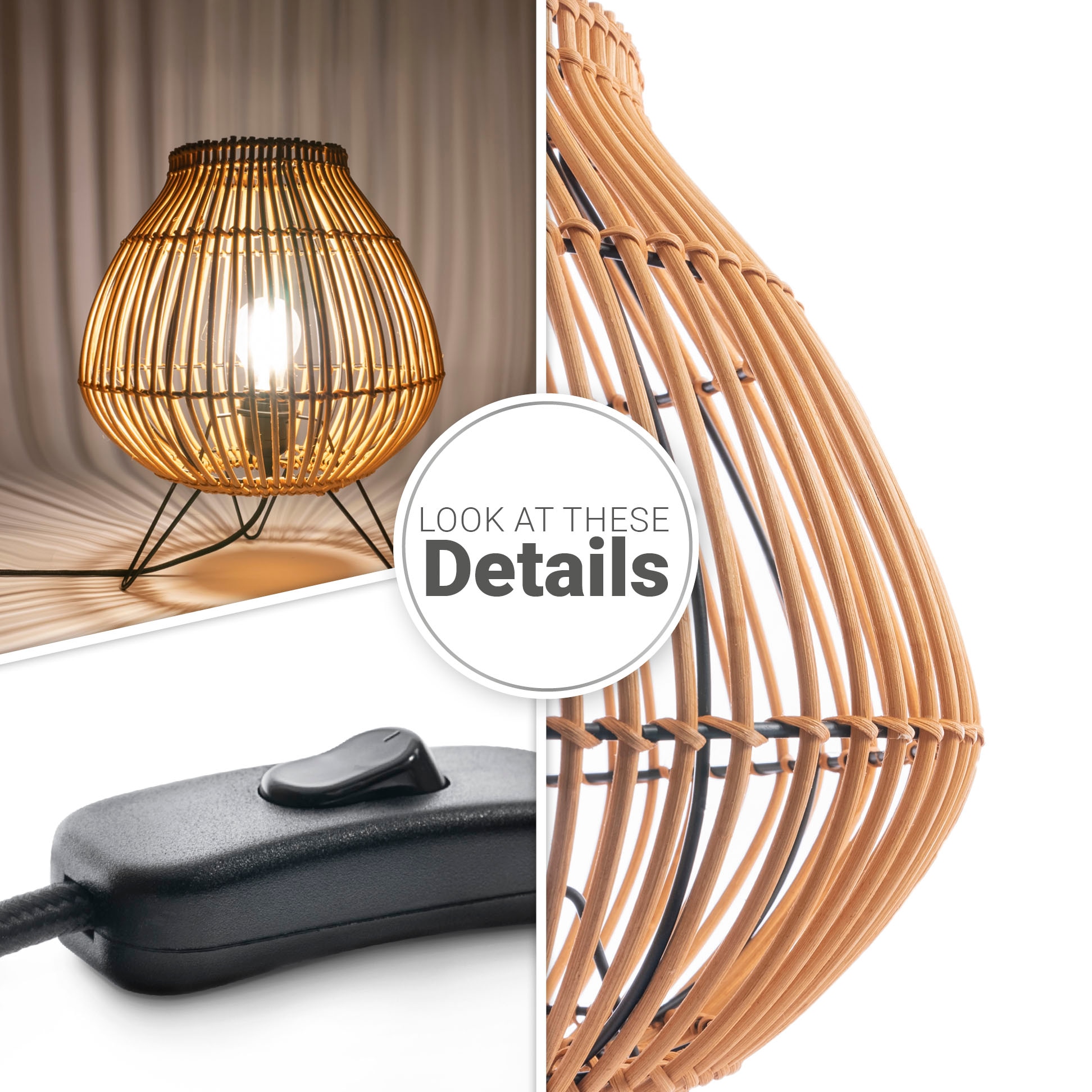 Paco Home Tischleuchte »PURI«, Leuchtmittel E27 | ohne Leuchtmittel, Rattan Korblampe Nacht LED Dreibein Boho E27