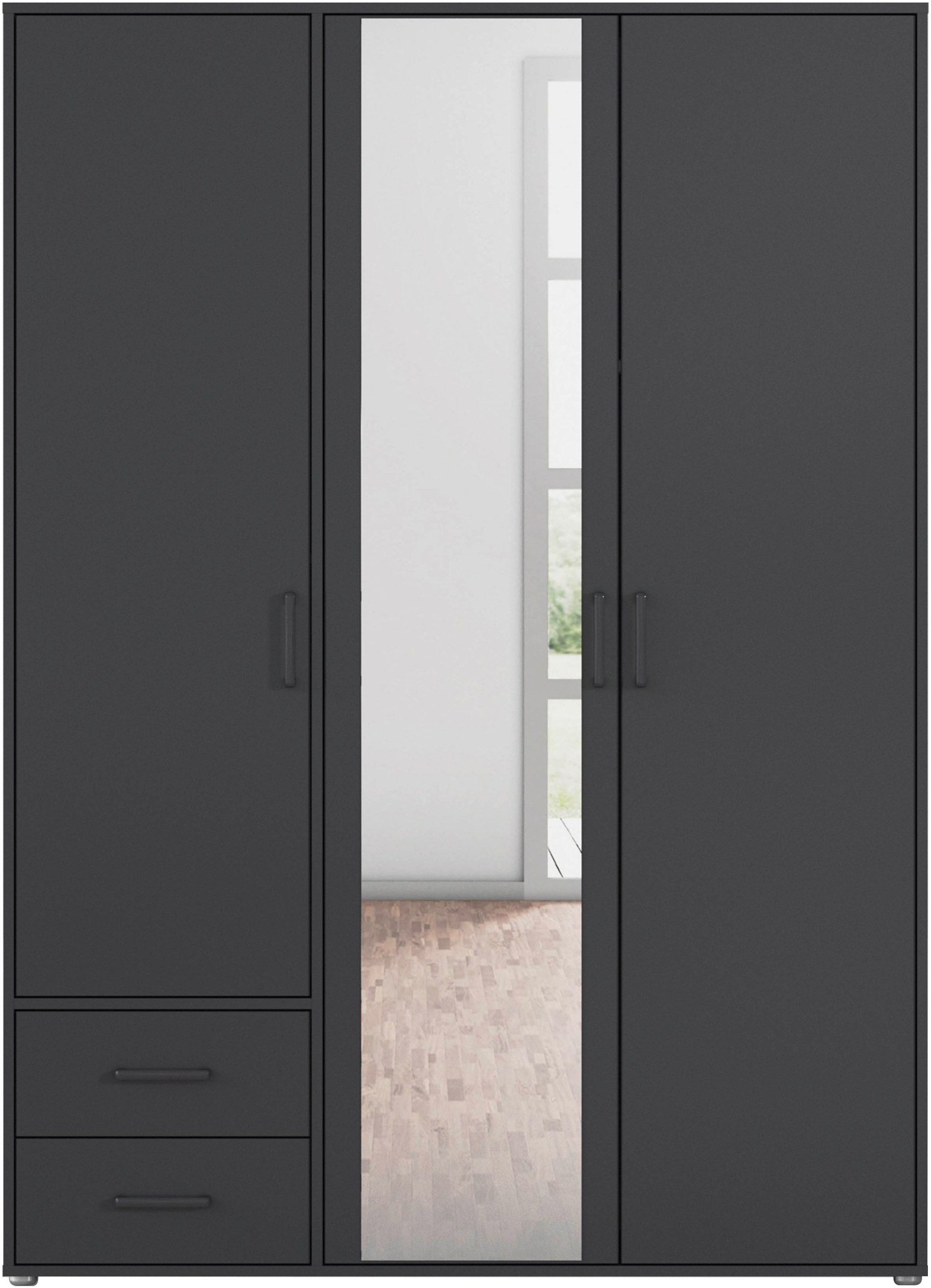 rauch Drehtürenschrank »Kleiderschrank Schrank Garderobe Wäscheschrank VOYAGER«, (in 3 verschiedenen Ausstattungen BASIC/CLASSIC/PREMIUM), mit modernen Griffen in Graumetallic, inkl. Schubkästen und Spiegel