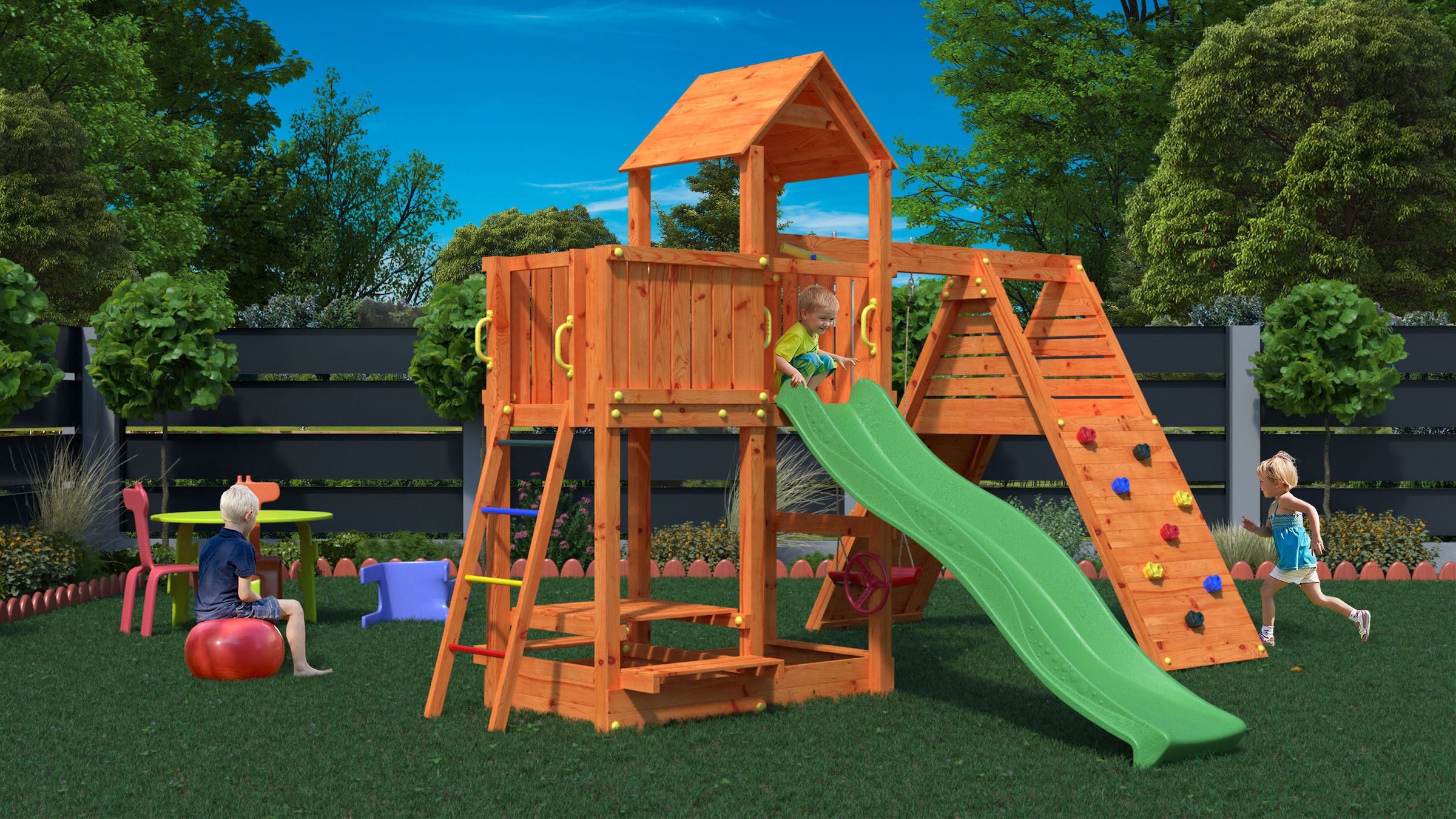 FUNGOO Spielturm »FLUPPI« mit Rutsche, Schaukel und Klettergerüst und Picknicktisch