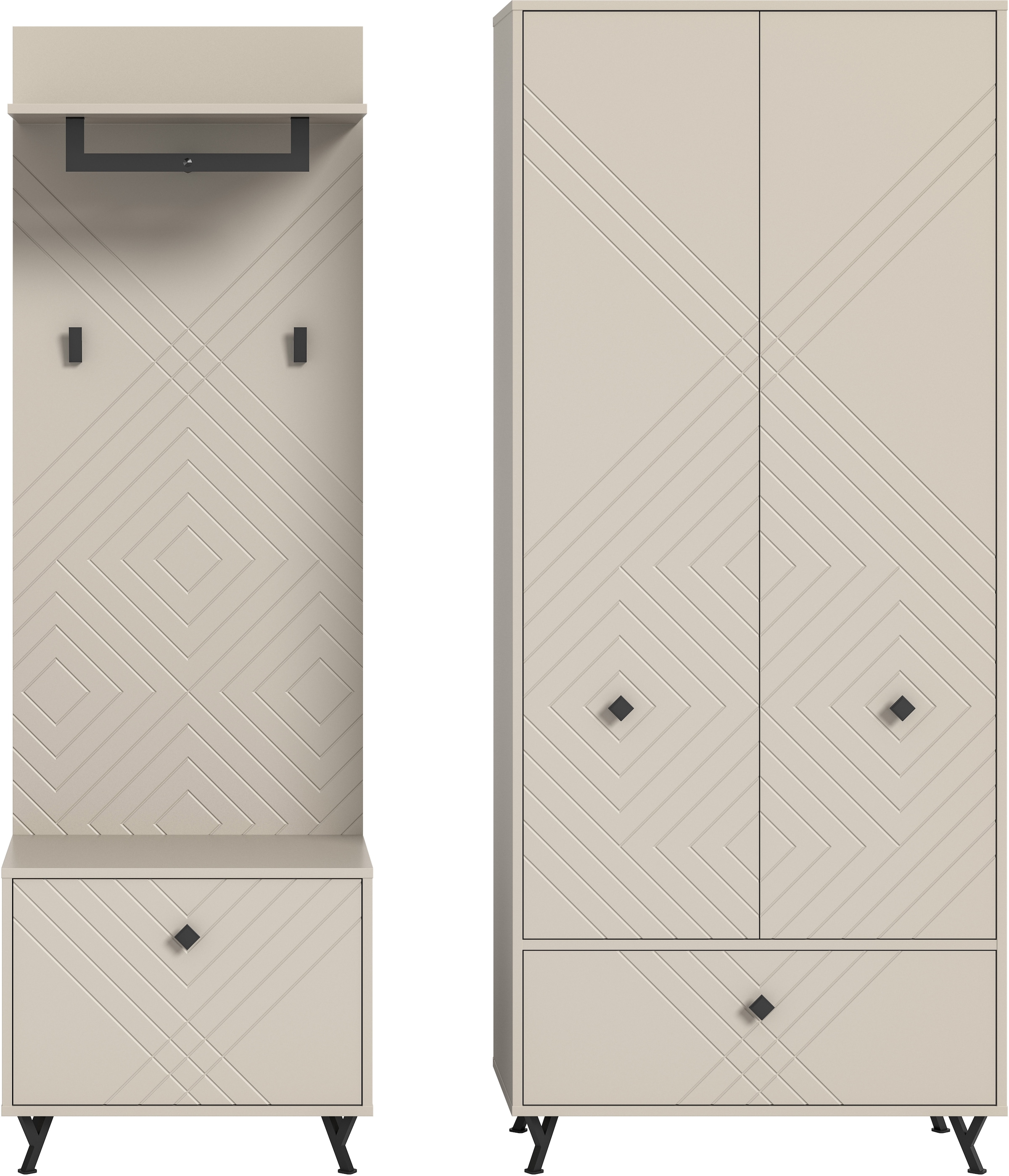 INOSIGN Garderoben-Set »Mento, 3-teilig, Ornamentfräsung in der Front, bestehend aus:«, (Set, 3 St.), Sitzbank, Garderobenpaneel & Garderobenschrank, Metall Griffe & Füße
