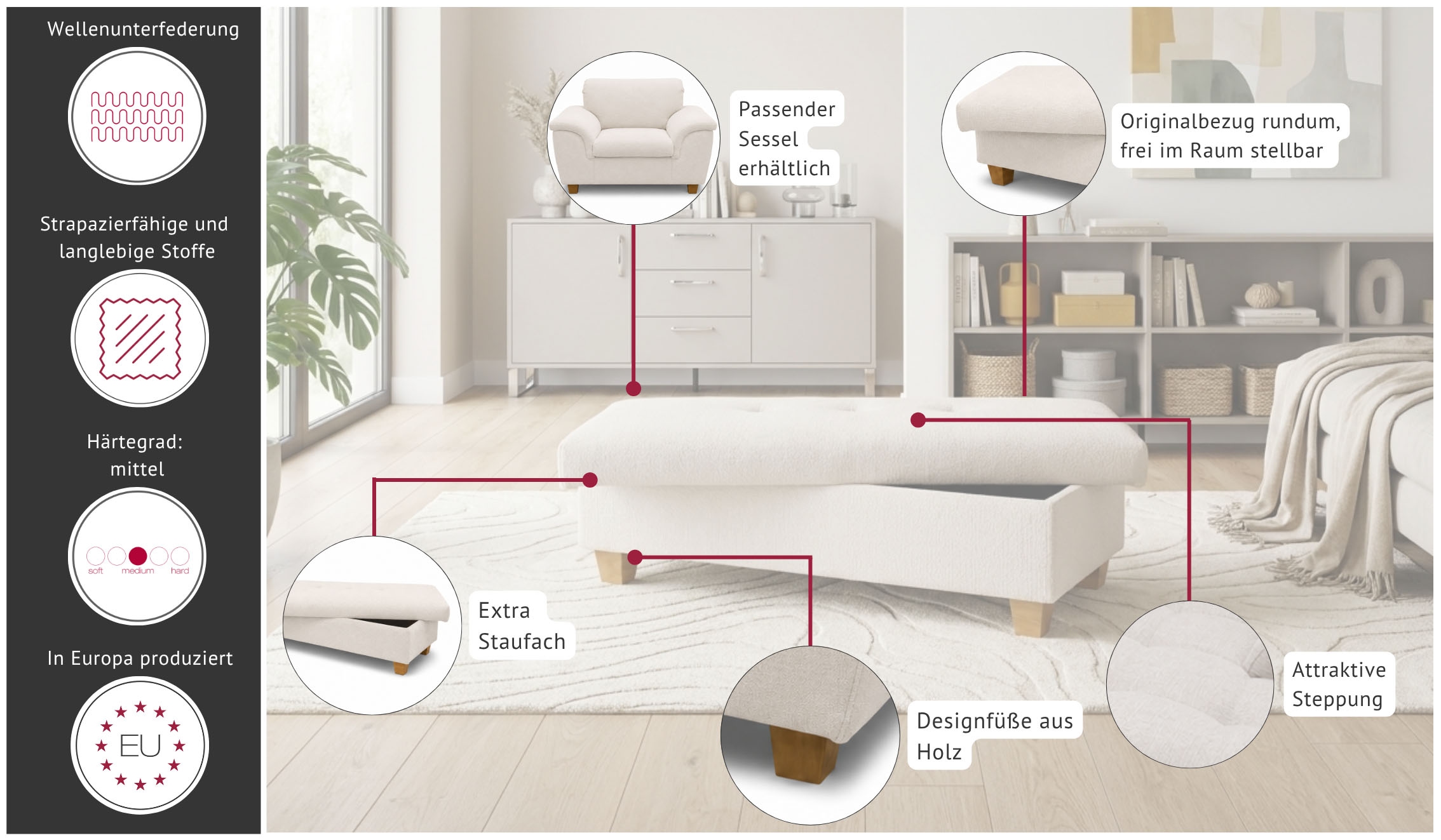 OTTO home Hocker »Eggery 131 cm, mit großem Staufach & bequem gepolstert« Polsterhocker Egedal mit Staufach, passend zum Sofa