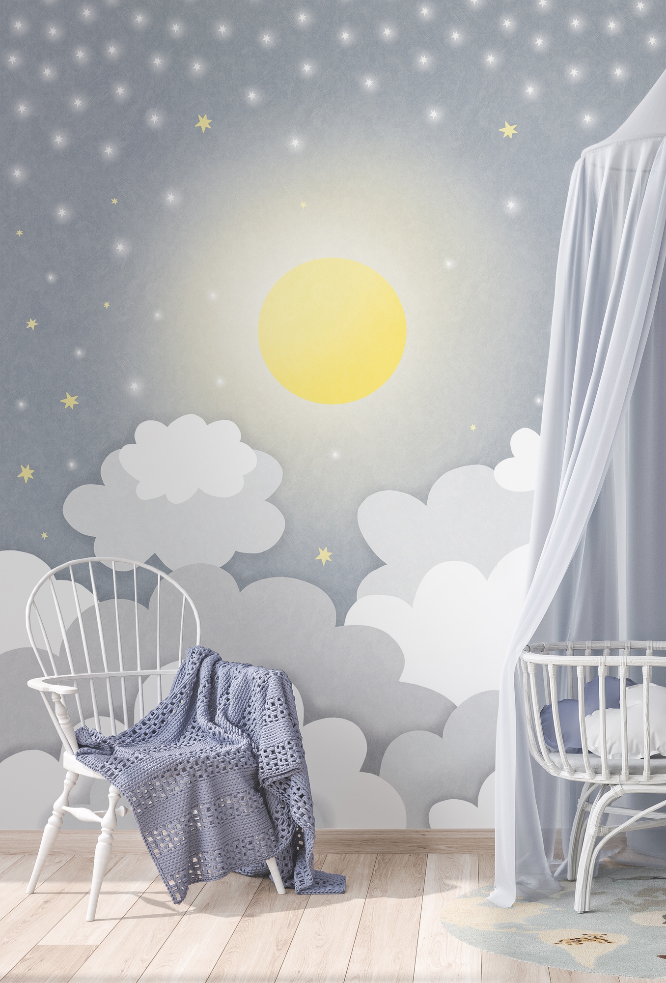 Lüttenhütt Fototapete »Sterne Kinderzimmer«, 3D-Optik, Sternenhimmel mit Mond und Wolken Grau, Gelb