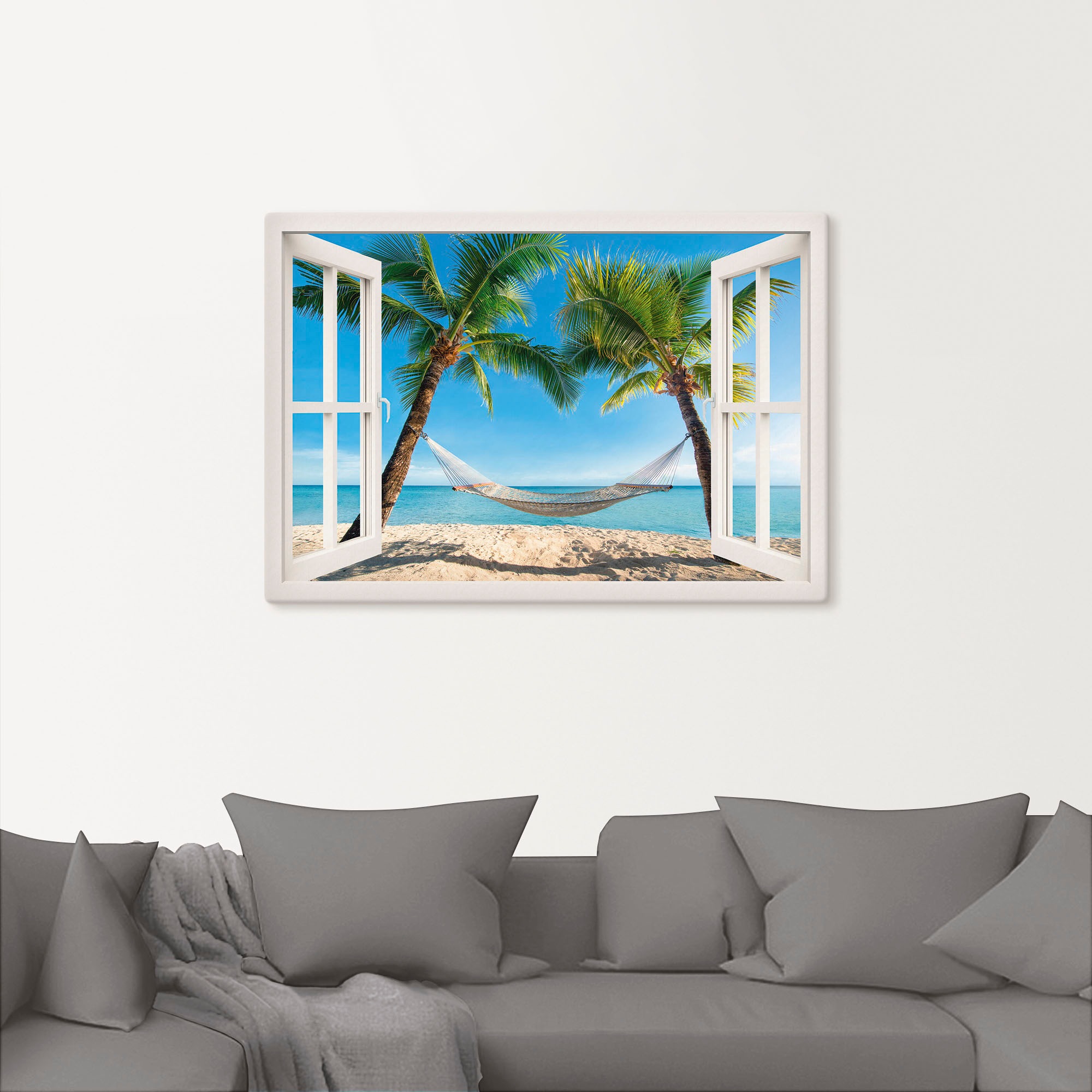 Artland Wandbild »Fensterblick Palmenstrand Karibik«, Amerika, (1 St.), als Alubild, Outdoorbild, Leinwandbild, Poster, Wandaufkleber