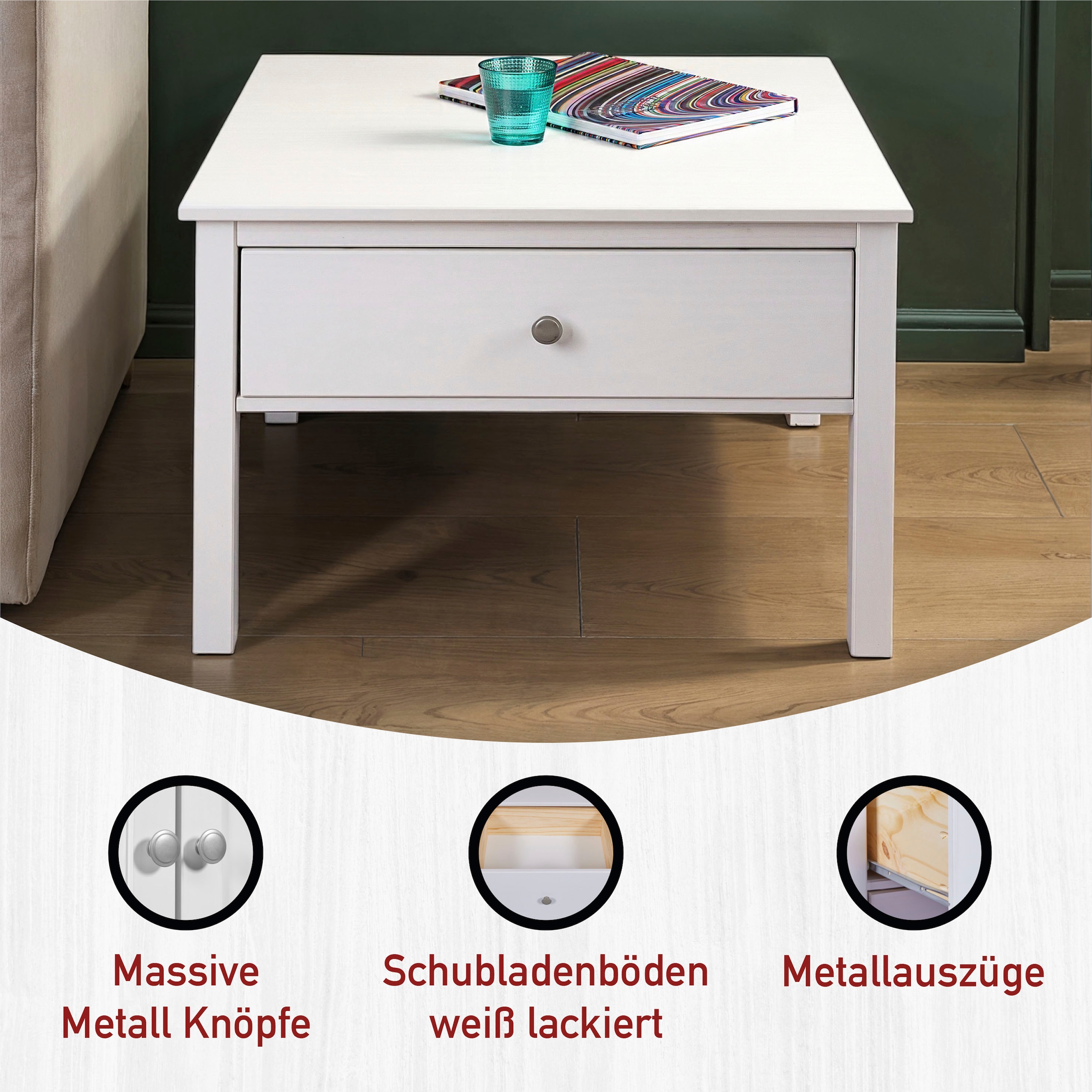 Inter Link Couchtisch »Pinora aus massiver Kiefer, weiss lackiert, 70 x 70 x 47 cm« 1 Stk. tlg. Salontisch im modernem Skandi Look, mit Schublade