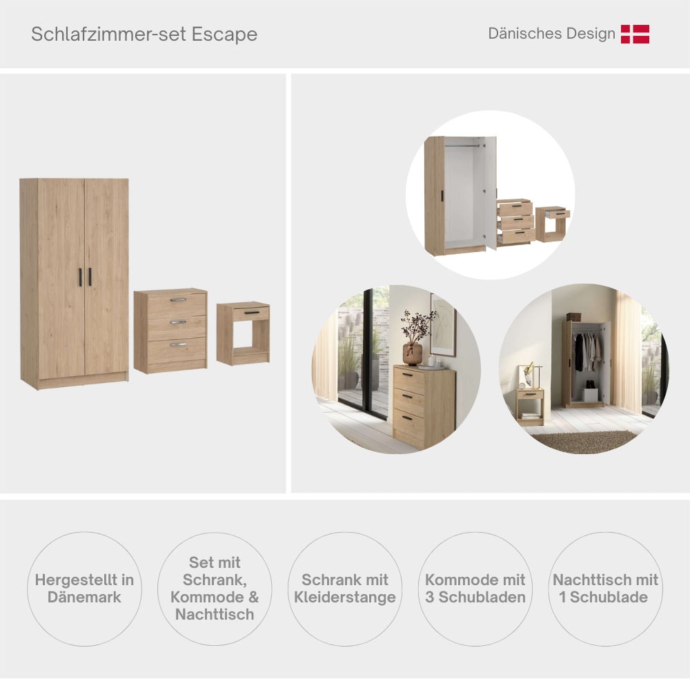 INOSIGN Schlafzimmer-Set »Escape, für Schlafzimmer, Jugendzimmer, aufbewahrung, Nordischer Stil«, (Set, 3 tlg.), (Set, 3-tlg), bestehend aus Kleiderschrank, Kommode & Nachttisch