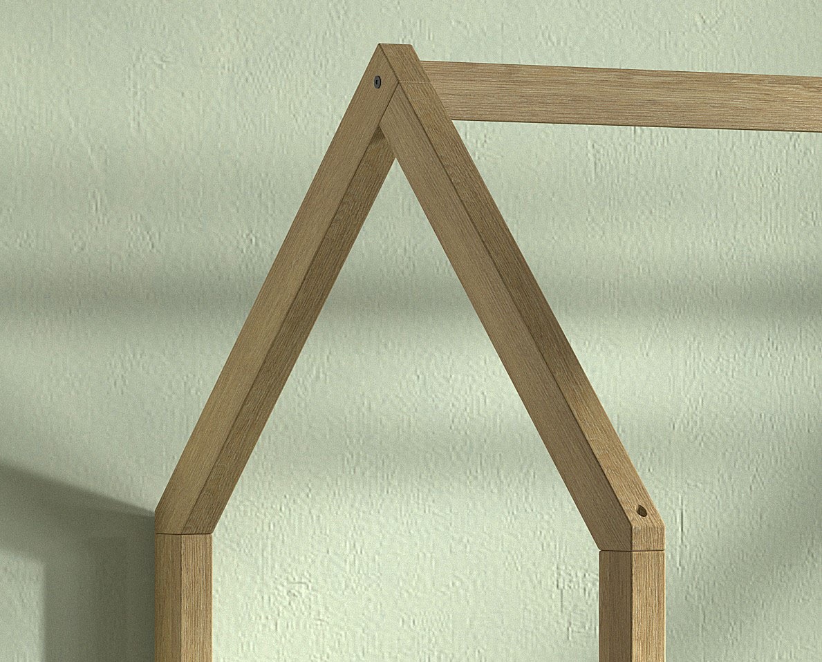 Vipack Hausbett »Cabane, mit Dachaufbau, Bettschublade auf Rollen u. Sprossenumrandung«, (B/H/T ca. 208x169x98 cm) aus massiver Eiche, Oberfläche Natur), sehr stabil und standfest gebaut inkl. Massivholz Rolllattenrost
