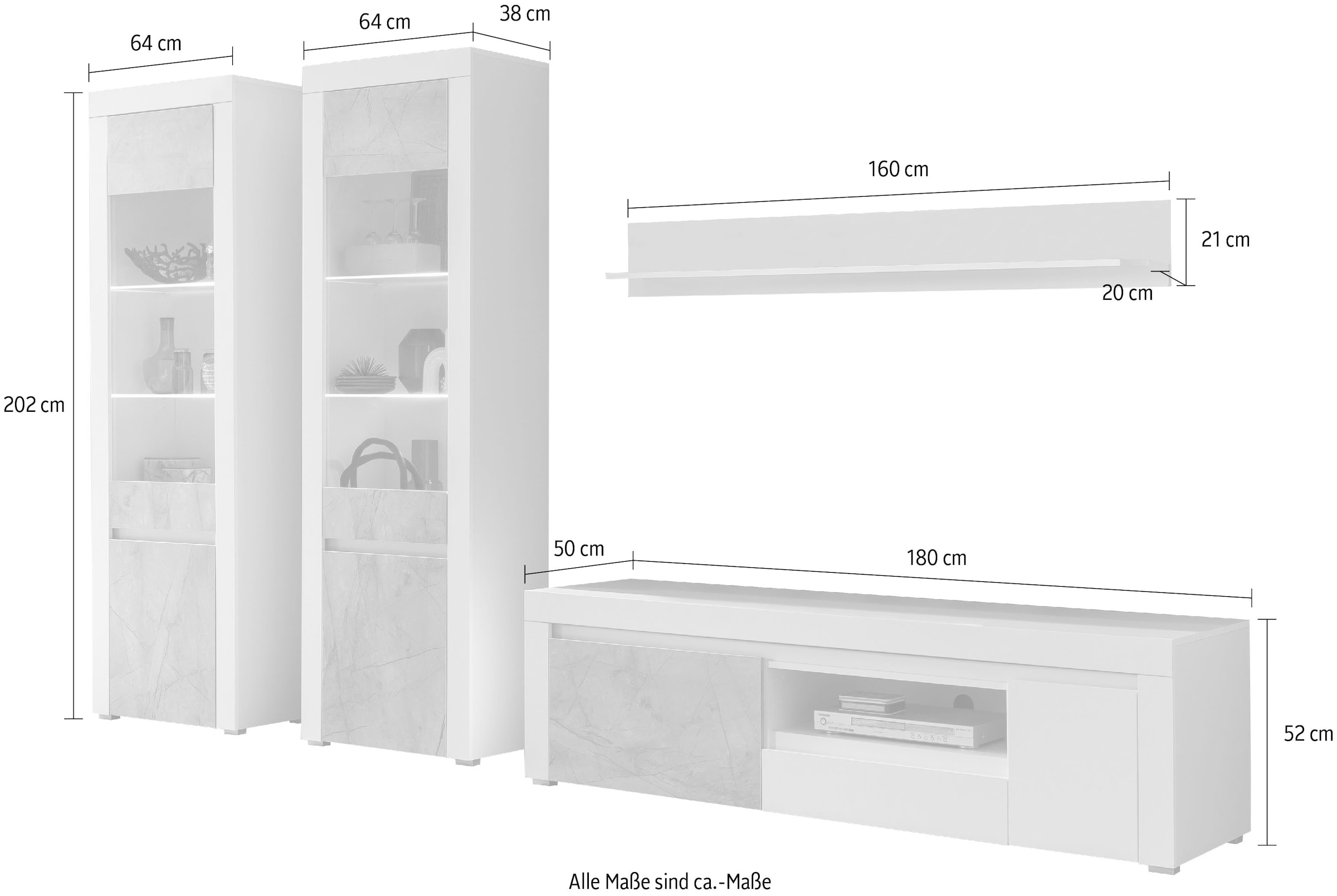 Home affaire in vier Design, auf Marble«, Möbelstücken, bestehend (4 cm Breite grifflosen bestellen St.), Raten 328 »Stone Wohnwand aus