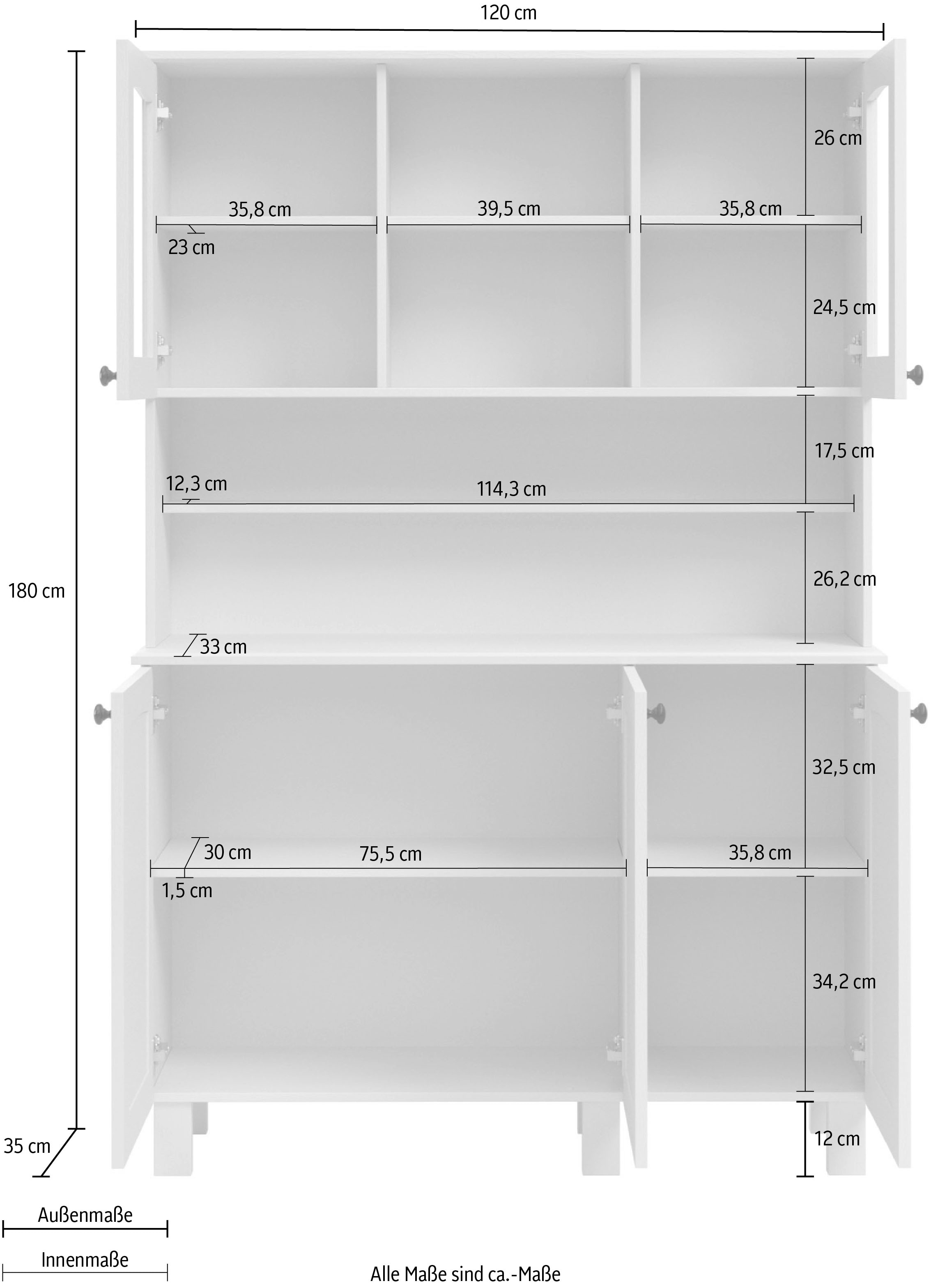 KOCHSTATION Küchenbuffet »KS-Osby«, (1 St.), Kiefer massiv, Breite 120 cm, 5 Türen