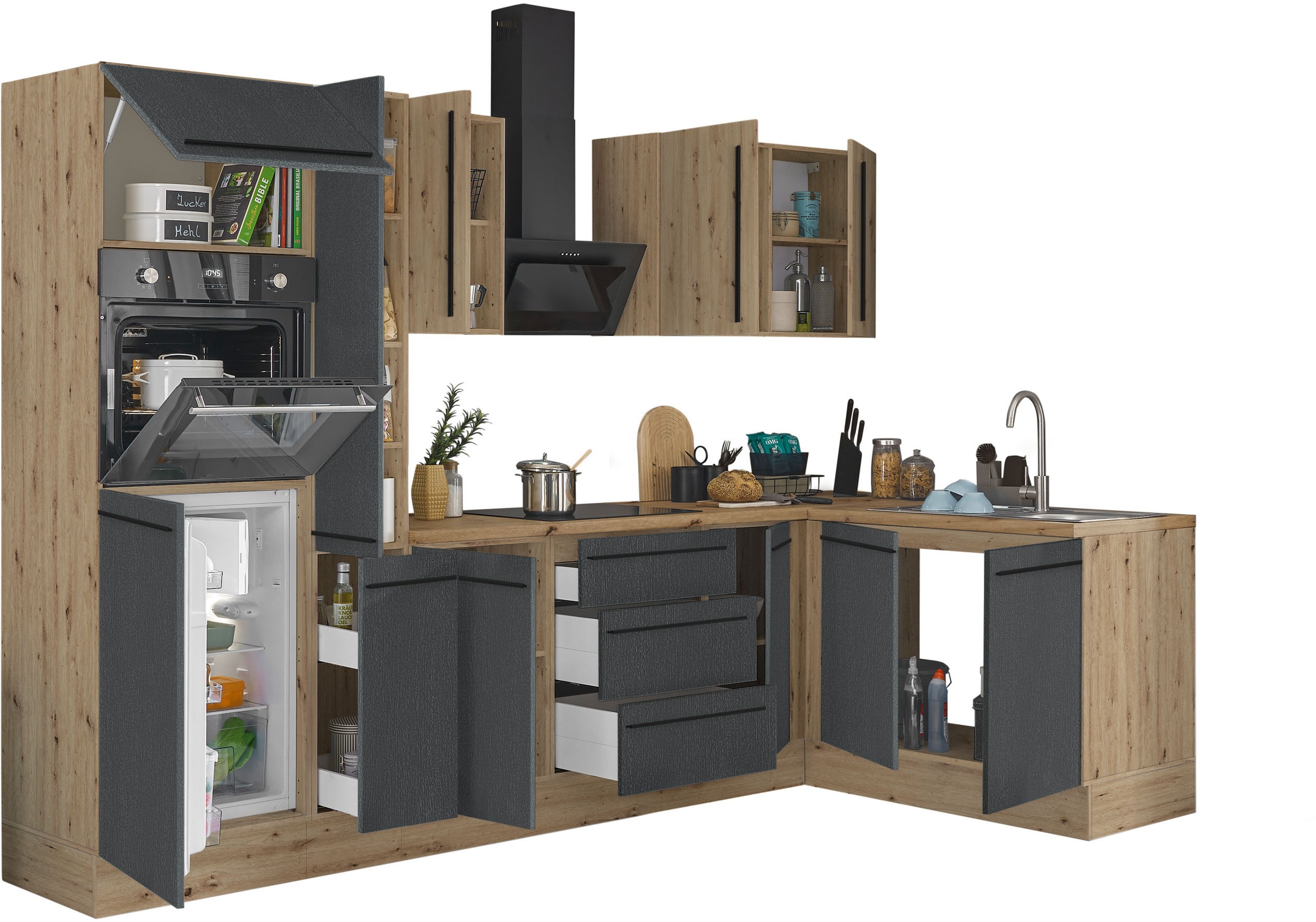 KOCHSTATION Winkelküche »Florida, Stellbreite 300x165 cm«, wahlweise mit E-Geräten, mit Softclose für Türen und Schubkästen