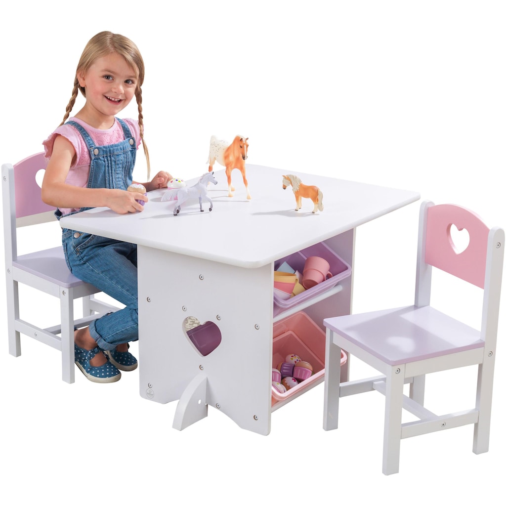 KidKraft® Kindersitzgruppe »Tisch mit Aufbewahrungsboxen und 2 Stühlen Herzchen«, (3 tlg.)