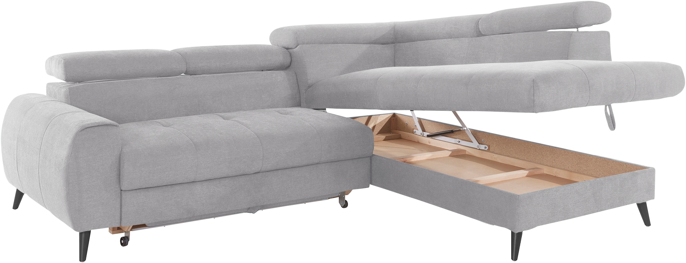 COTTA Ecksofa »Mia L-Form mit 3 Zierkissen«, wahlweise mit Bettfunktion, Bettkasten, Beleuchtung & Wireless-Charger