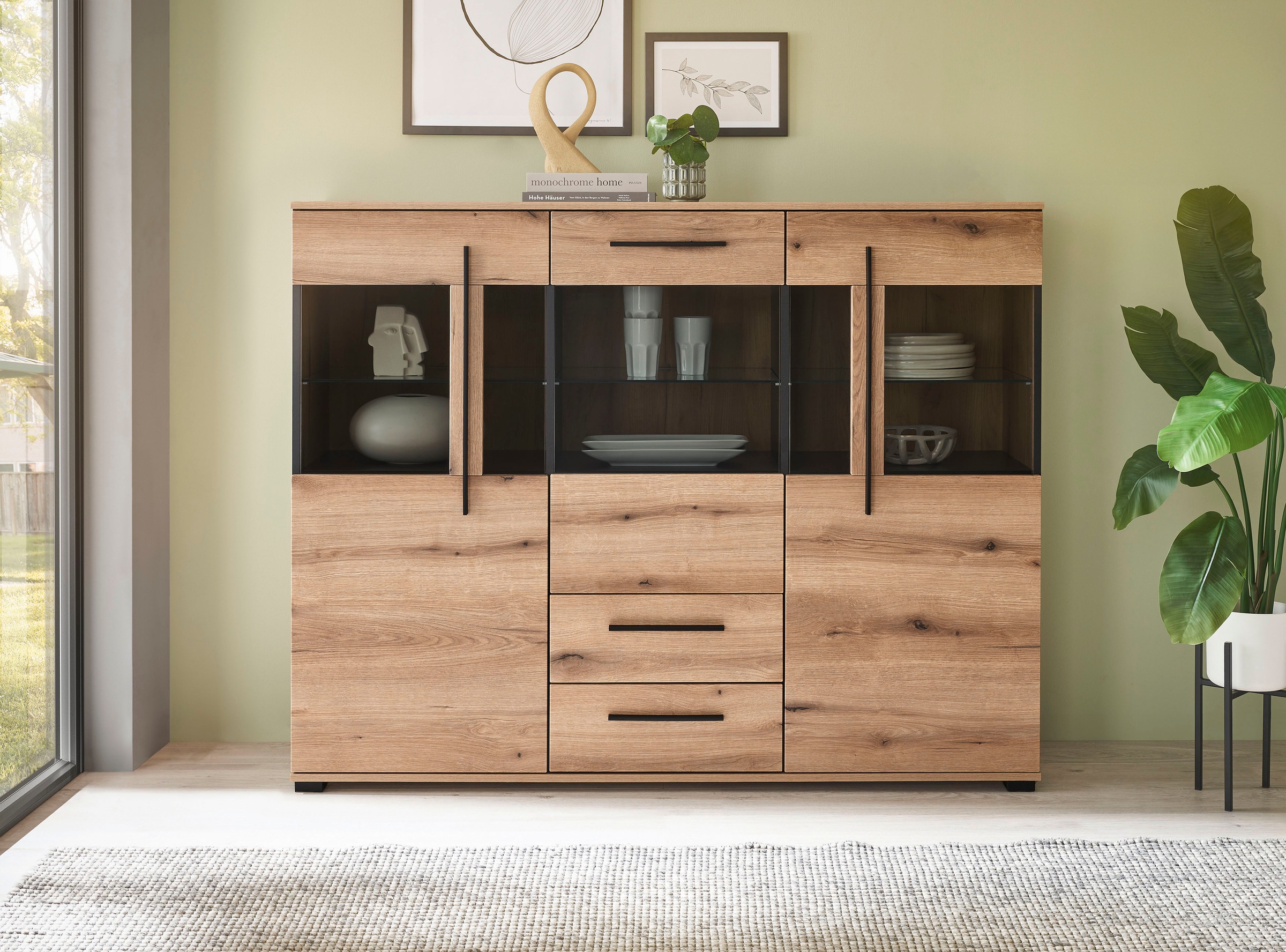 INOSIGN Highboard »Cantara, moderner Schrank, Vitrine in Eiche Dekor oder weiß«, schwarze Stangengriffe, ausreichend Stauraum, vielseitig einsetzbar