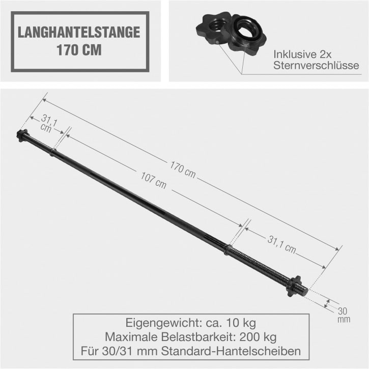 GORILLA SPORTS Langhantelstange »Langhantelstange 170 cm 10 kg mit Sternverschluss«, Stahl, 170 cm