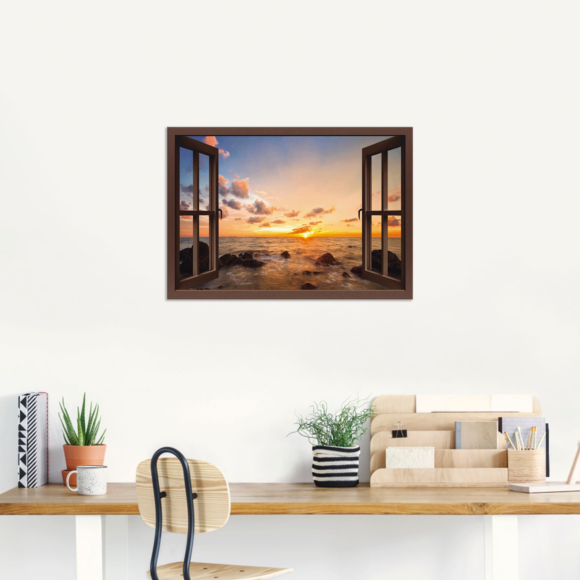 Artland Wandbild »Fensterblick Sonnenuntergang am Meer«, Fensterblick, (1 S günstig online kaufen