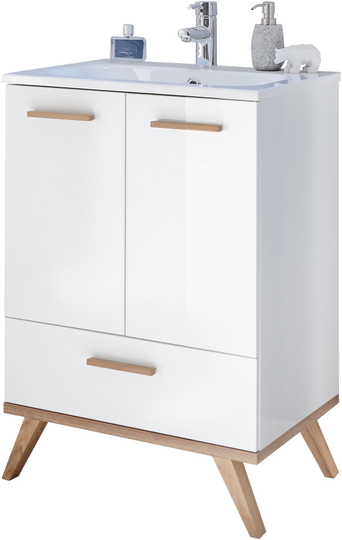 Saphir Badmöbel-Set »Quickset 2-teilig, Mineralmarmor-Waschtisch und LED-Spiegelschrank«, (2 St.), Waschplatz 61 cm breit, 4 Türen, 1 Schublade, 2 Einlegeböden, Bad-Set
