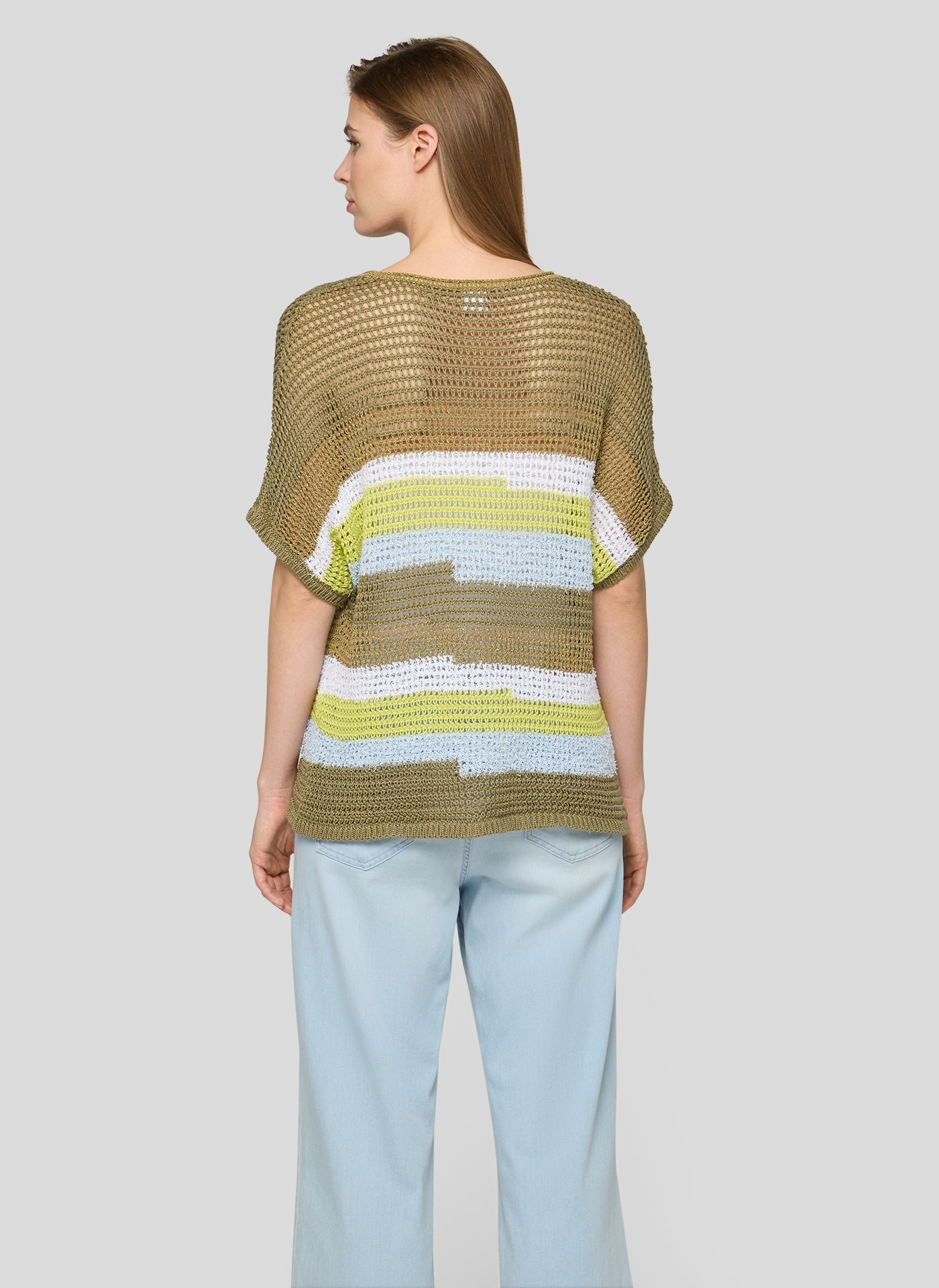 Rabe Strickpullover Halbarm mit Colorblocking-Streifen und im Häkel-Look