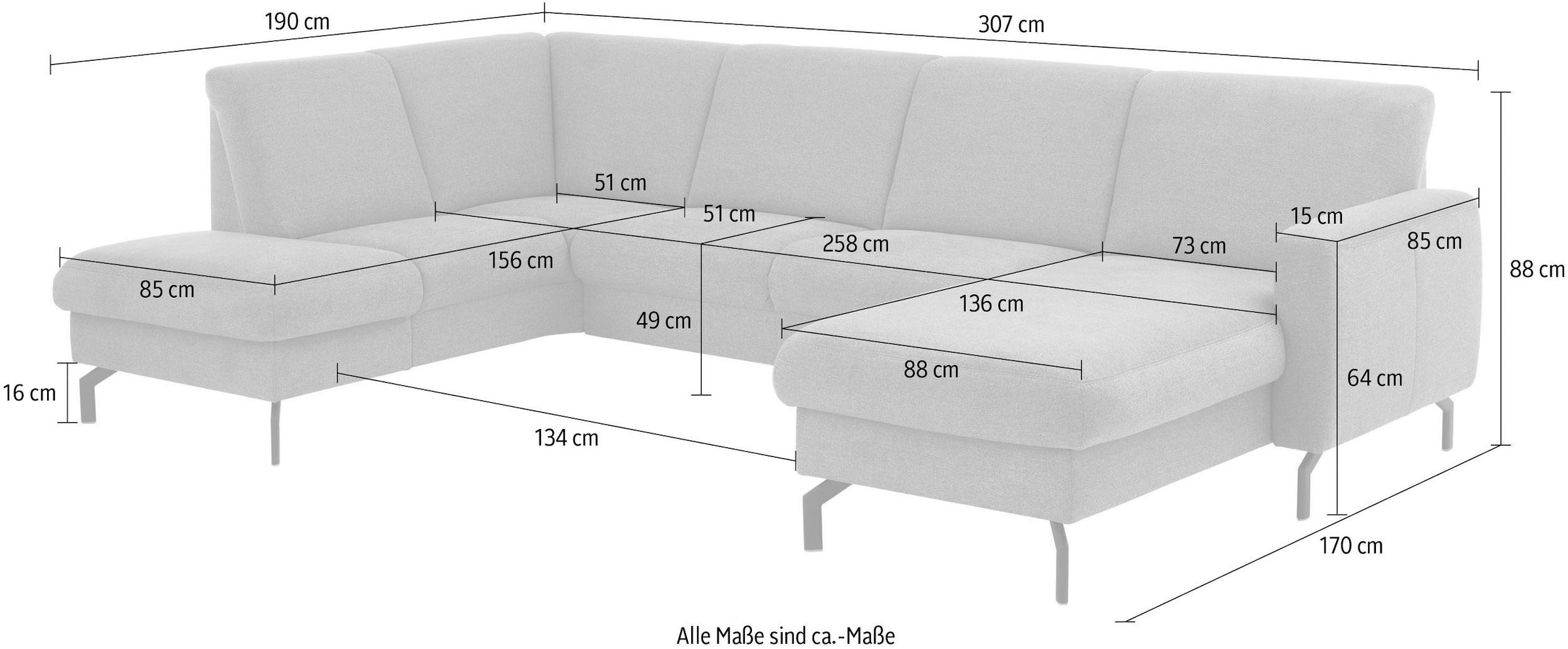 Die PlanBar Wohnlandschaft »PP-PF25099, U-Form, Breite 307cm« Wahlweise mit Kopfstützen, Stauraum und motorischer Vorziehbank