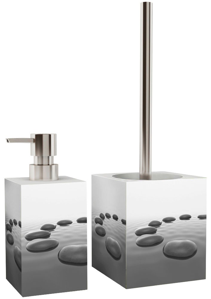 Sanilo Badaccessoire-Set »Black Stones« bestehend aus WC-Sitz, Badteppich, Stöpsel, Seifenspender, WC-Bürste