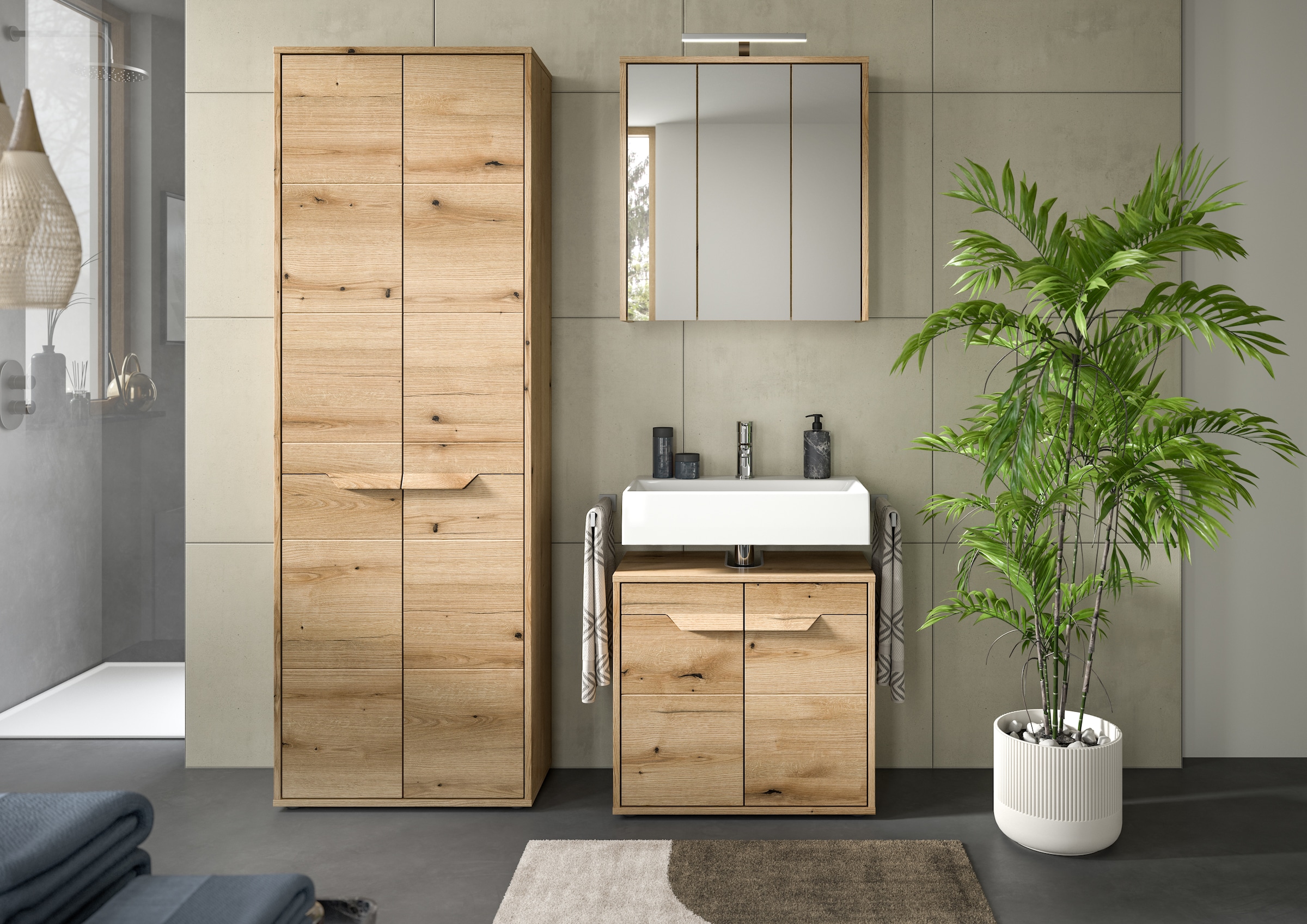 welltime Badmöbel-Set »Kayu, bestehend aus: Hochschrank, Waschbeckenunterschrank,«, Spiegelschrank, hochwertige MDF Front mit Rillenfräsung, Bad, Bad Set