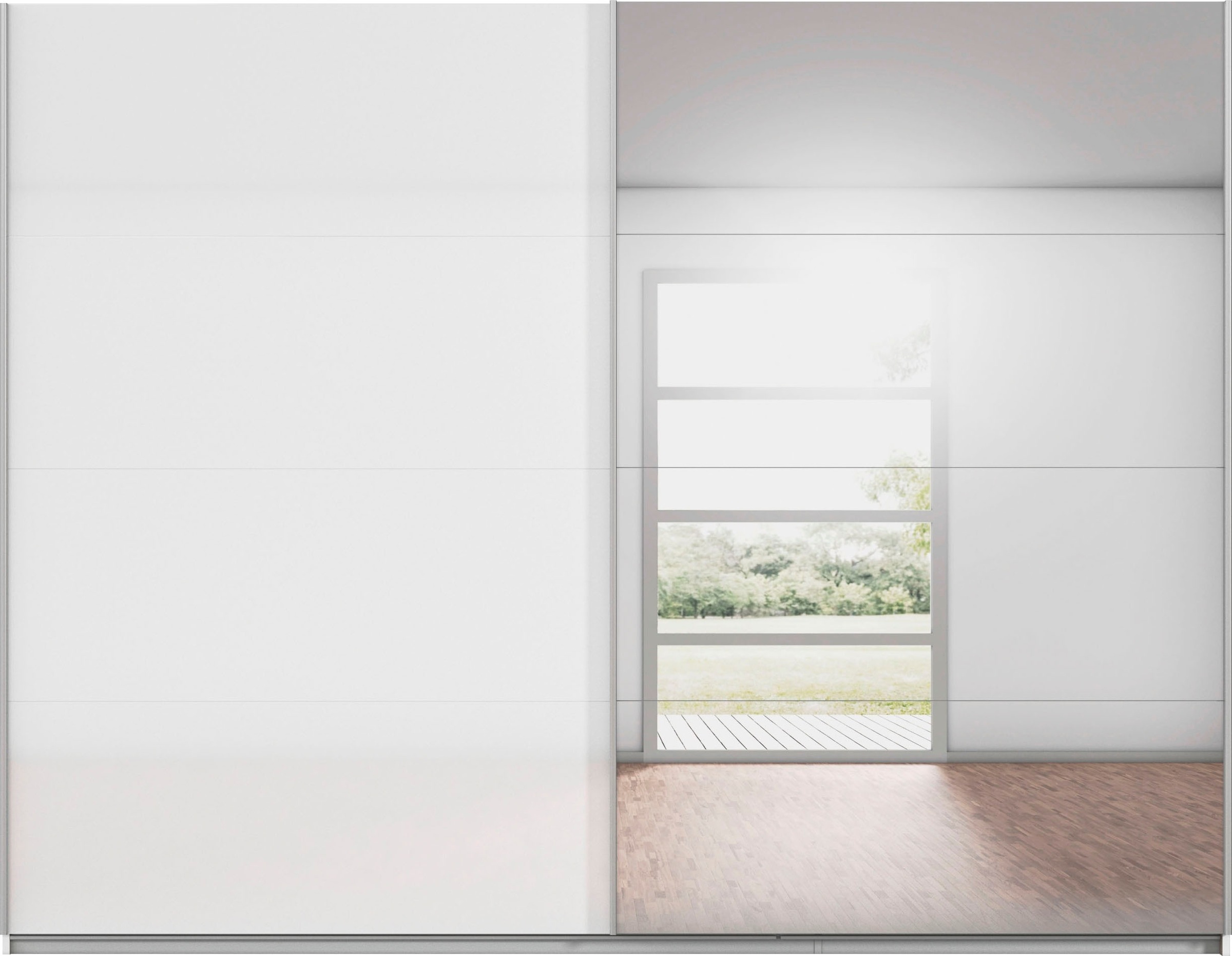 INOSIGN BY RAUCH Schwebetürenschrank »Kleiderschrank Schrank Garderobe Schlafzimmerschrank THANOS«, (in 3 verschiedenen Ausstattungen BASIC/CLASSIC/PREMIUM), Optional mit Spiegel, Metall-Griffleisten alufarben MADE IN GERMANY