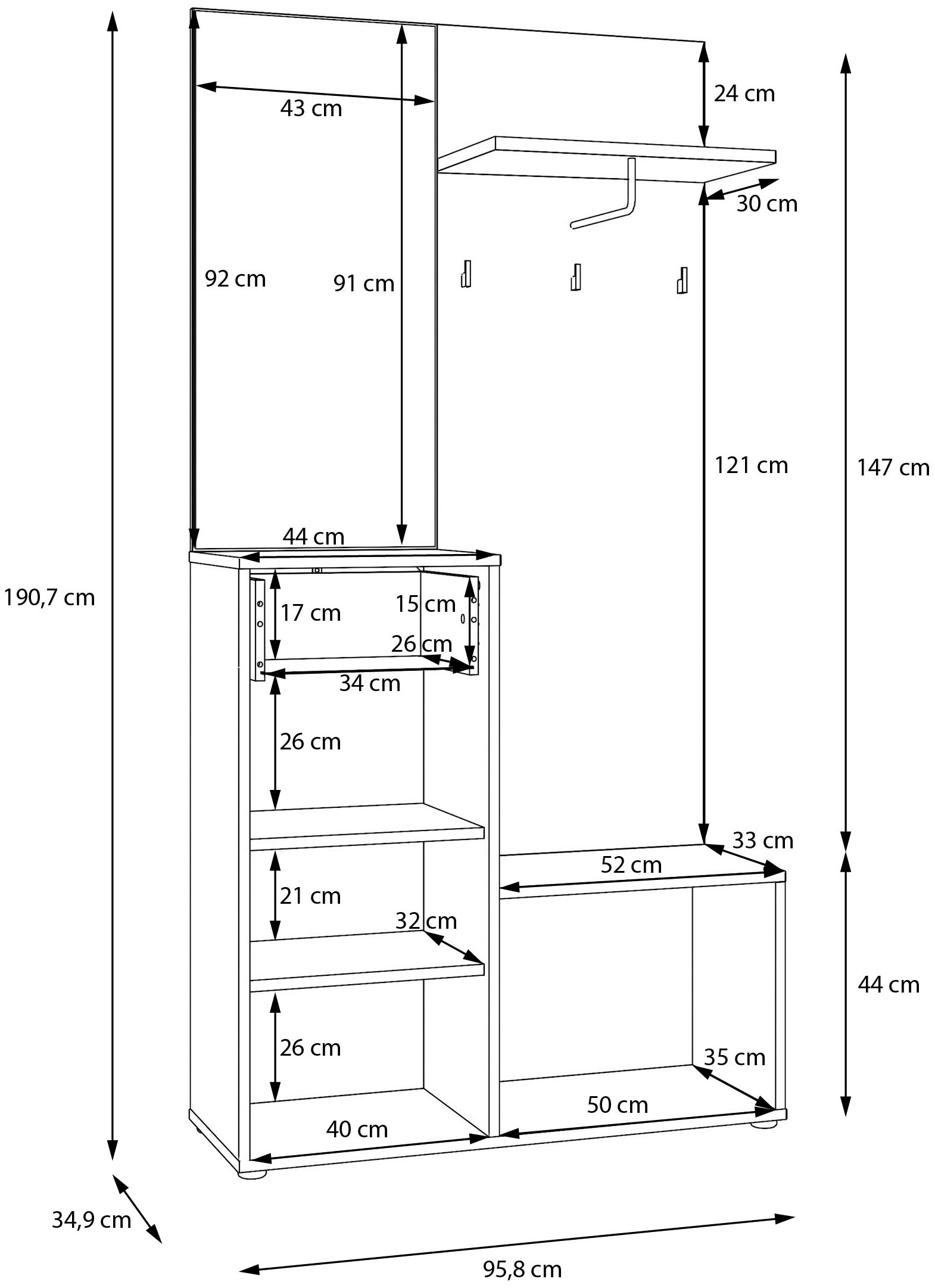 FORTE Kompaktgarderobe Metallgriffe Schwarz B/H/T 95,8/190,7/34,9cm Soft Close, Vollauszug