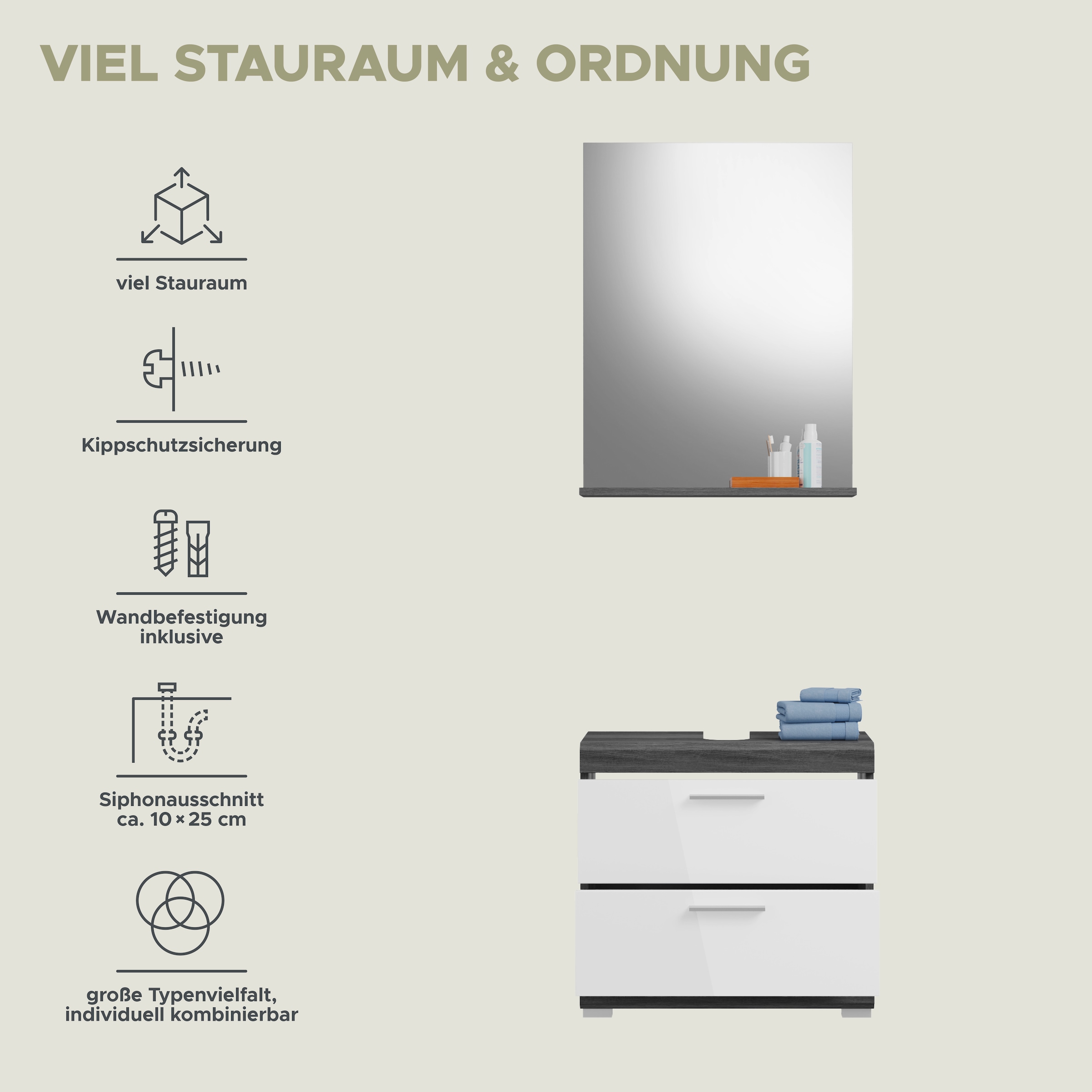 INOSIGN Badmöbel-Set »Siena, 2 teilig, bestehend aus: Waschbeckenunterschrank, Spiegel«, (Set, 2 St.), in verschiedenen Farben erhältlich, Badmöbel, Kombination, Badezimmer