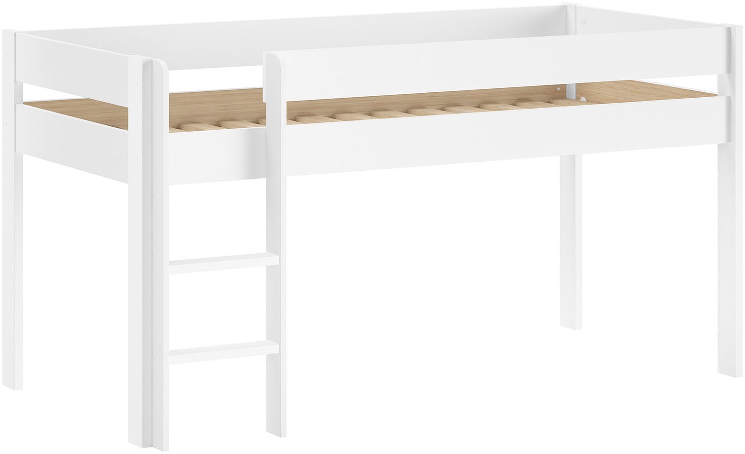 Vipack Spielbett »Primo, mit umlaufenden Absturzschutz, Leiter recht/links montierbar« Kiefer massiv weiß lackiert, 90x200 cm inkl. Rolllattenrost