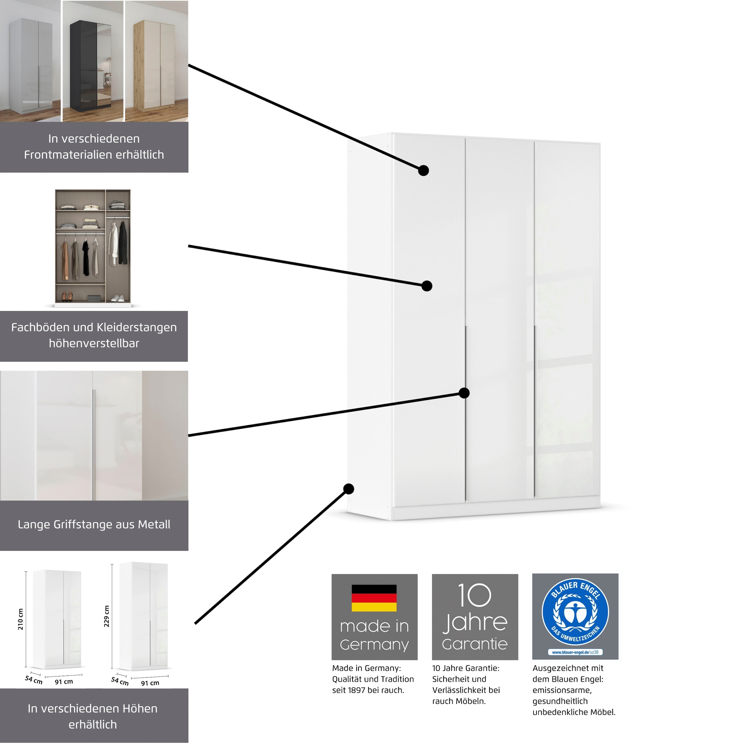 rauch Drehtürenschrank »Kleiderschrank Schrank Garderobe AGORDO mit Dekor- oder Hochglanzfront«, (in zwei Griff-Farben), durchdachte Innenausstattung, in 6 Breiten und 2 Höhen MADE IN GERMANY