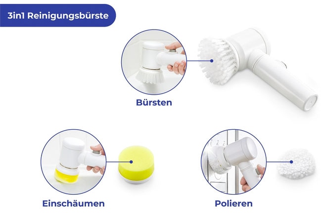 Maximex Reinigungsbürsten-Set »3-in1«, Set, 4 St., aus Kunststoff, elektrische Reinigungsbürste, 3 Aufsätze, batteriebetrieben, kabellos