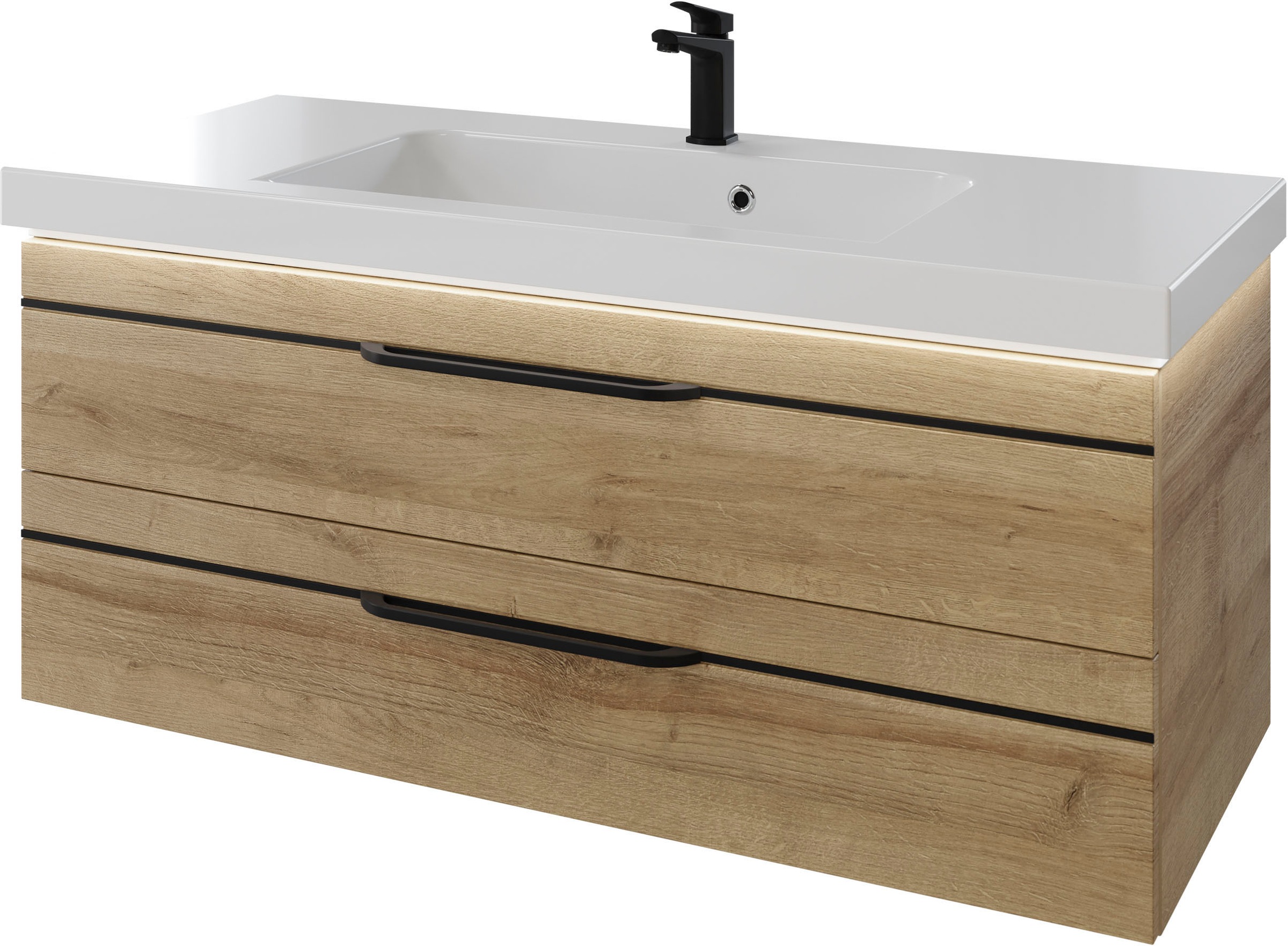 Saphir Badmöbel-Set »Balto 2-teilig Mineralmarmor-Waschtisch mit LED-Spiegel, 123 cm breit«, (2 St.), Waschplatz mit 2 Schubladen, Badschrank inkl. Schubladendämpfer