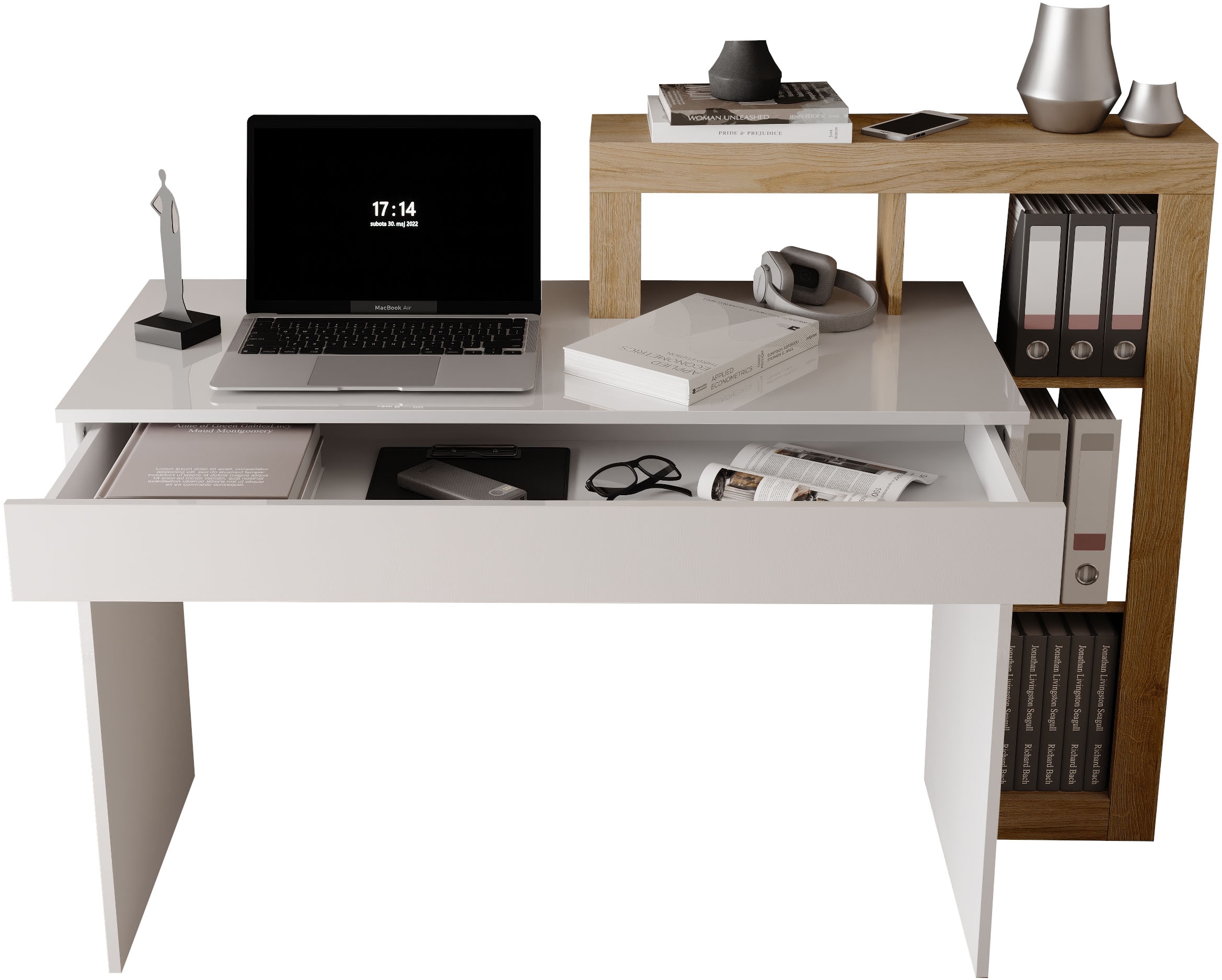 INOSIGN Schreibtisch »Hamburg, Breite 138 cm, Tiefe 50 cm, mit Schubkasten u. Aufsatz/Regal«, Computertisch, Arbeitstisch, Schminktisch, Arbeitsplatz, 4 Fächer