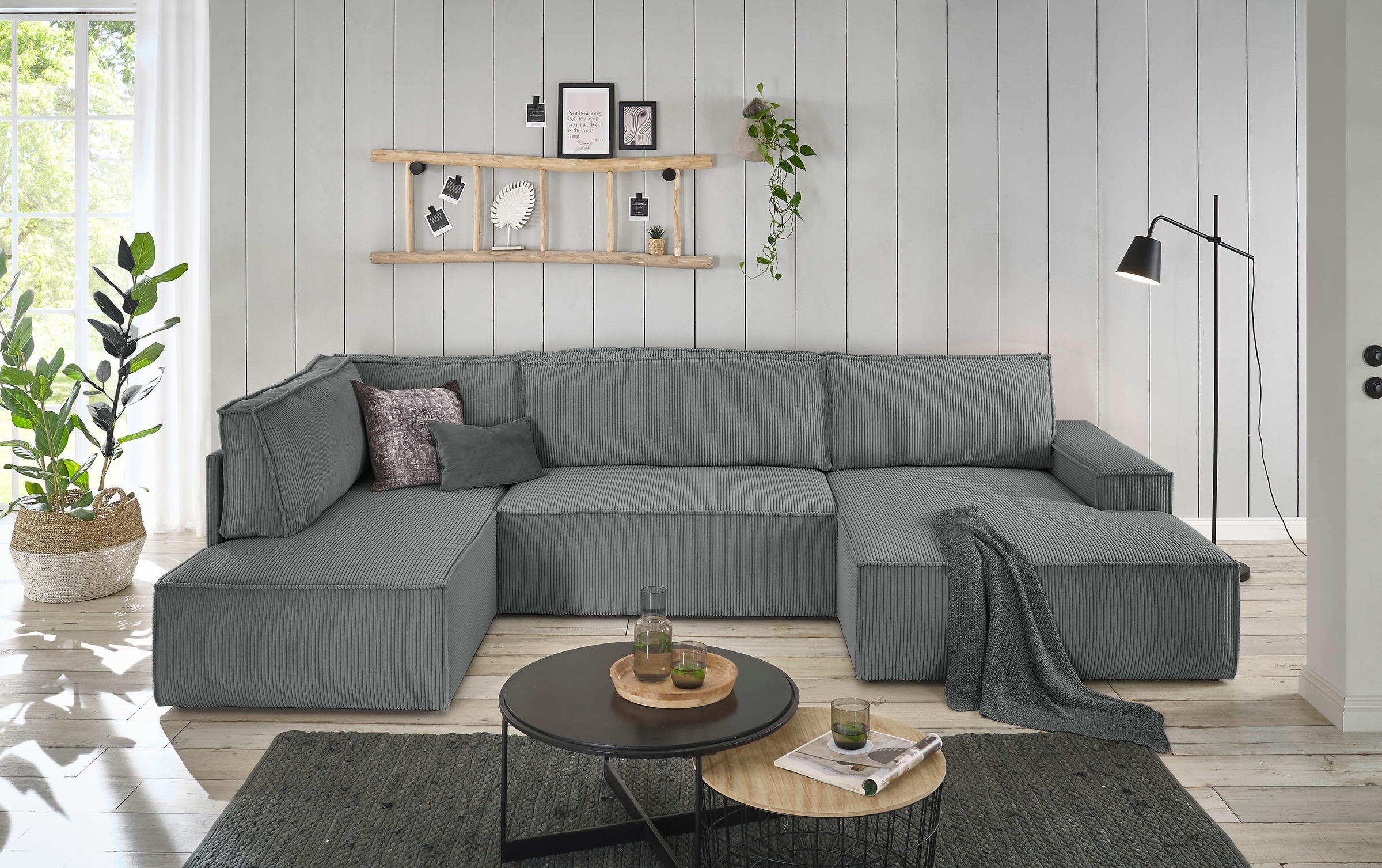 Home affaire Wohnlandschaft »SHERWOOD 329 cm, U-Form, Schlafsofa,«, Schlaffunktion m. Bettkasten (194x139 cm), Cord, Vintage, Samtvelours