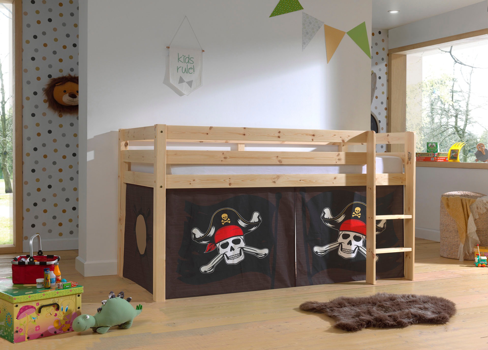 Vipack Spielbett "Pino, Kiefer massiv, mit Rolllattenrost u. Textil-Set, Ma günstig online kaufen