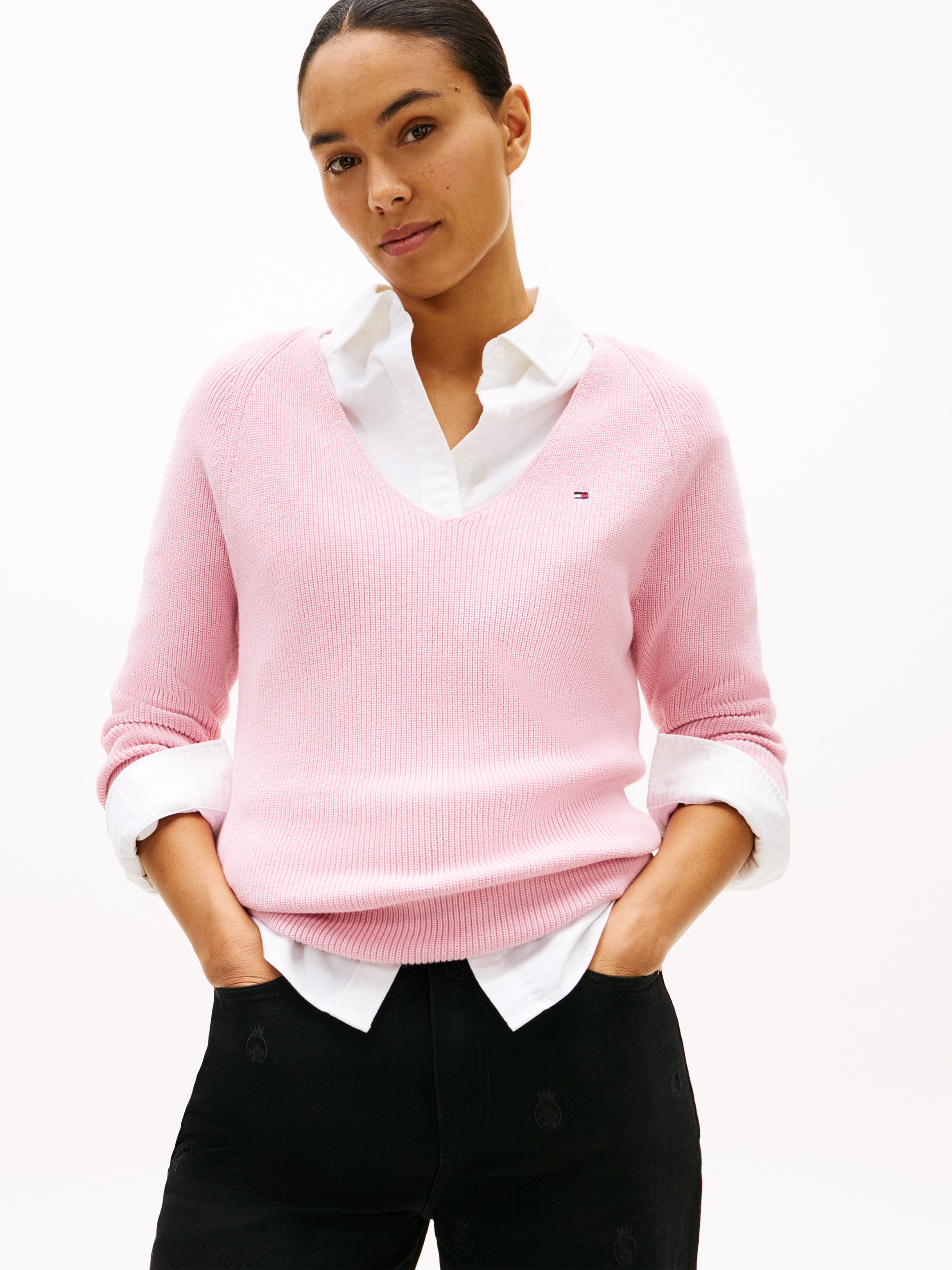 Tommy Hilfiger Strickpullover »CO CARDI STITCH V-NK LS« mit Logostickerei