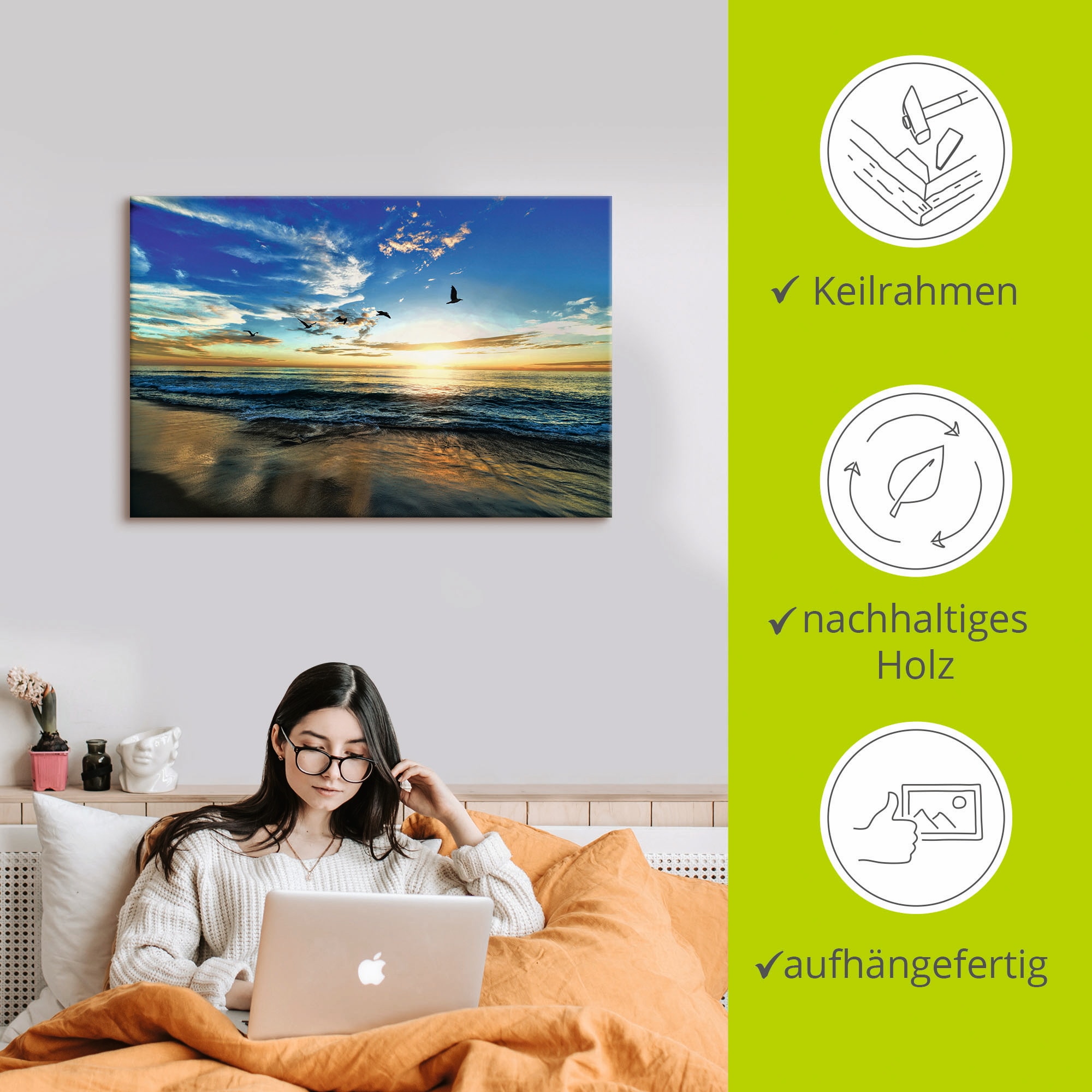 Artland Wandbild »Strand Möwen Meer Sonnenuntergang«, Sonnenaufgang & -untergang, (1 St.), als Alubild, Outdoorbild, Leinwandbild, Poster, Wandaufkleber