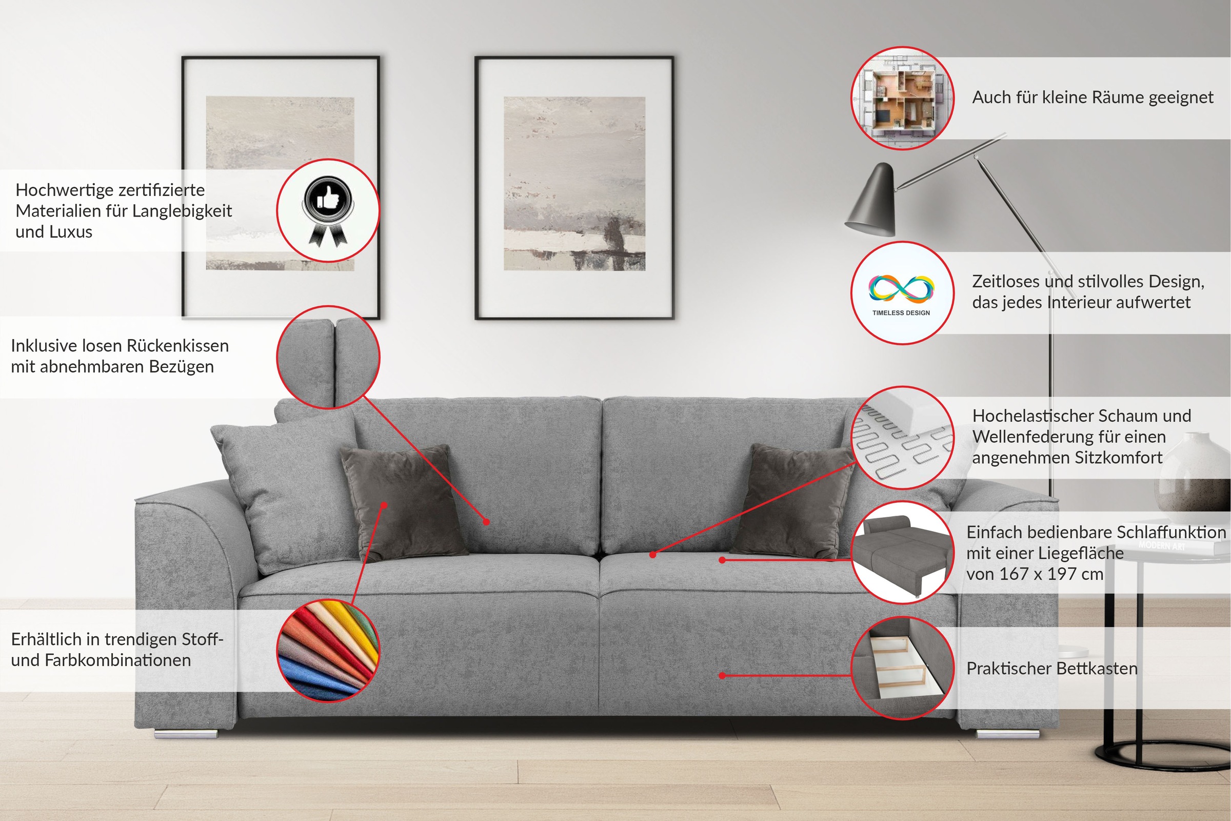 INOSIGN 3-Sitzer Beatrice Schlafsofa, wahlweise auch mit Bettfunktion und Bettkasten, incl. 2 Zierkissen
