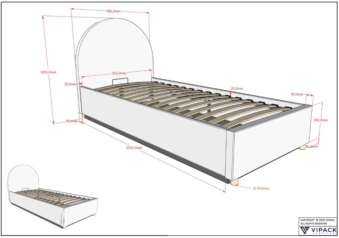 Vipack Boxbett »Moon, mit Lattenrost und Stauraum, modernes Design« gerundetes Kopfteil und in 2 Breiten erhältlich,  inkl. Massivholz Füßen in natur, 3 Stoff Farben zur Auswahl