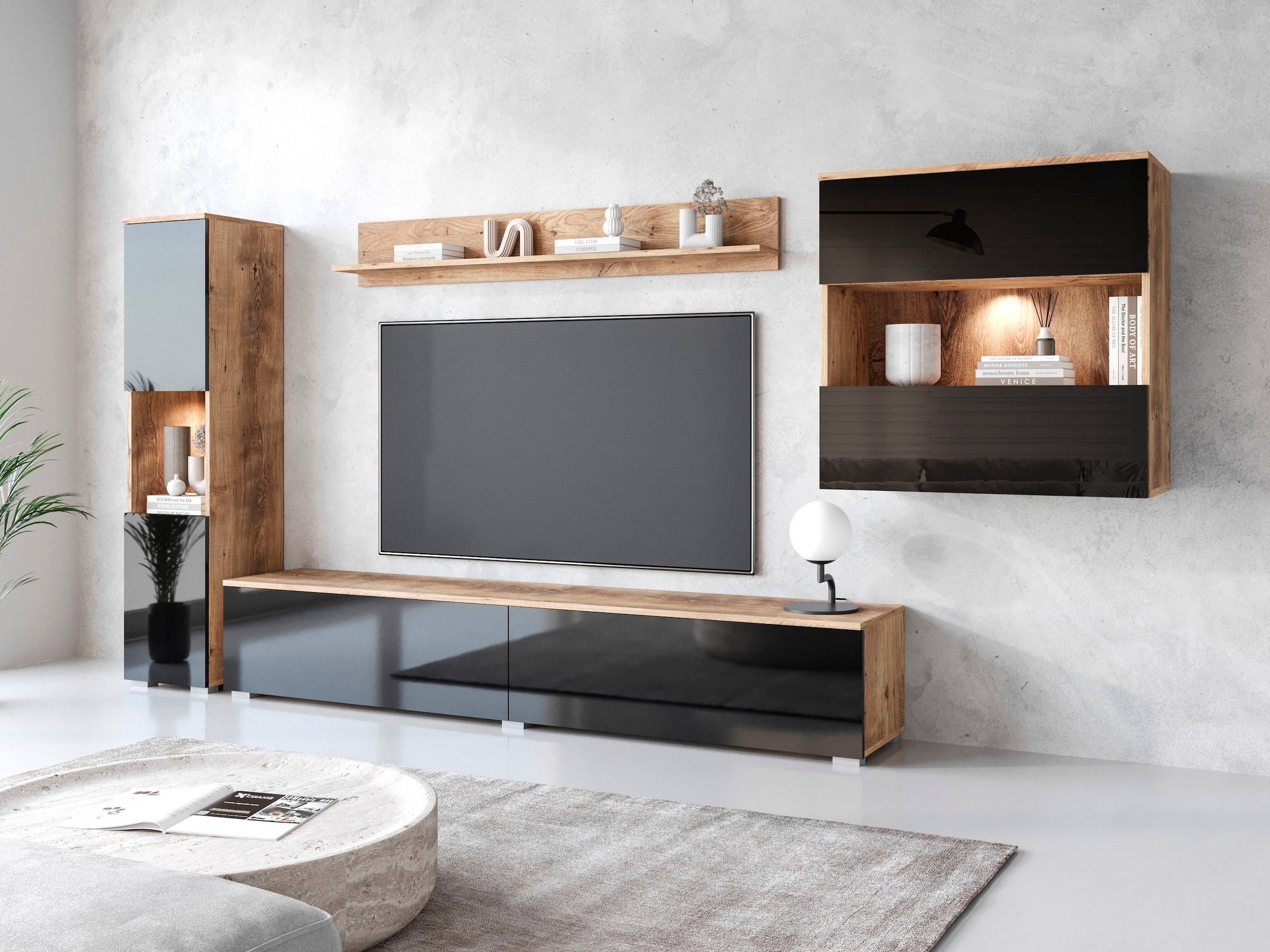 INOSIGN Wohnwand »PARIS«, (Komplett-Set, 4 St.), TV-Wand 300cm breite, grifflose Design, stehend und hängend montierbar