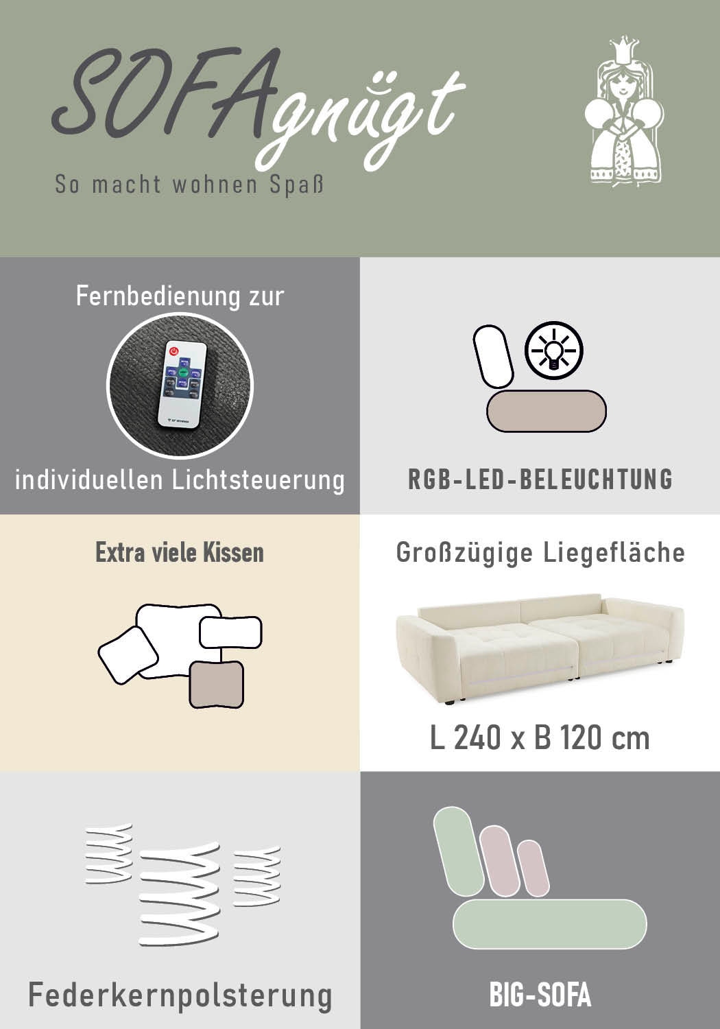 Jockenhöfer Gruppe Big-Sofa »Lumina, XXL, B: 294 cm, mit LED-RGB-Beleuchtung, Liegefläche 120x240cm« Mega-Sofa, inklusive Federkernpolsterung und 10 Kissen