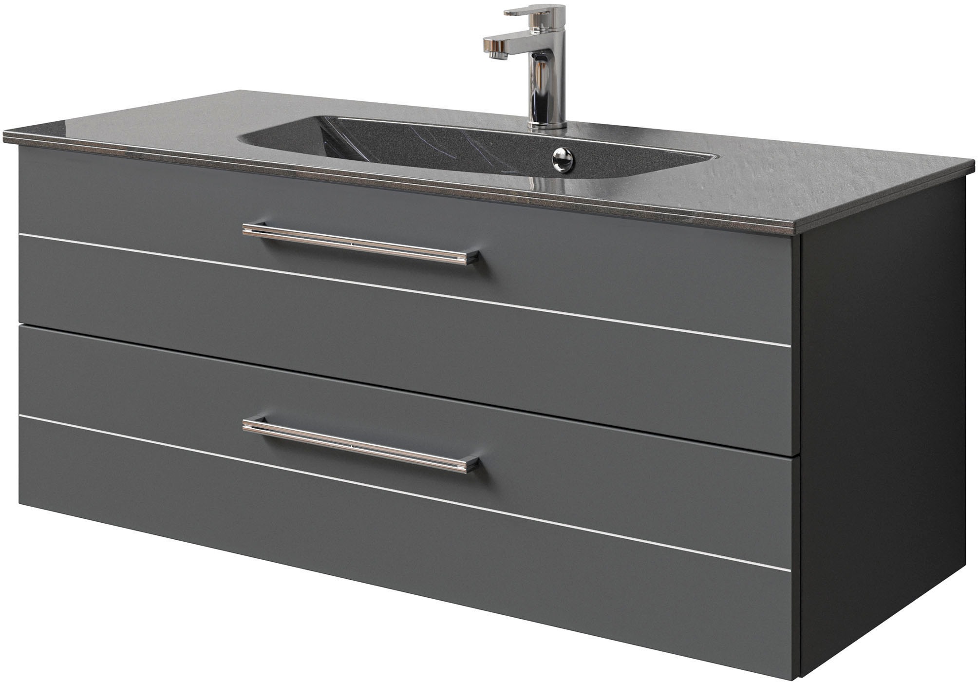 Saphir Badmöbel-Set »Serie 6025 2-teilig Mineralmarmor-Waschtisch mit LED-Spiegelschrank«, (2 St.), Waschplatz 117cm breit, 2 Schubladen, 3 Spiegel-Türen, inkl Türdämpfer