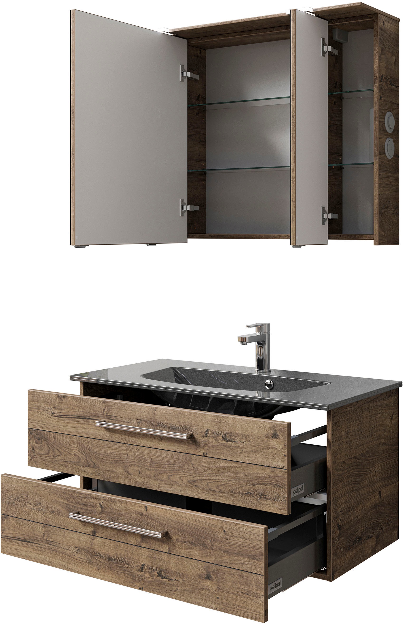 Saphir Badmöbel-Set »Serie 6025 2-teilig Mineralmarmor-Waschtisch mit LED-Spiegelschrank«, (2 St.), Waschplatz 97 cm breit, 2 Schubladen, 3 Spiegel-Türen, inkl Türdämpfer